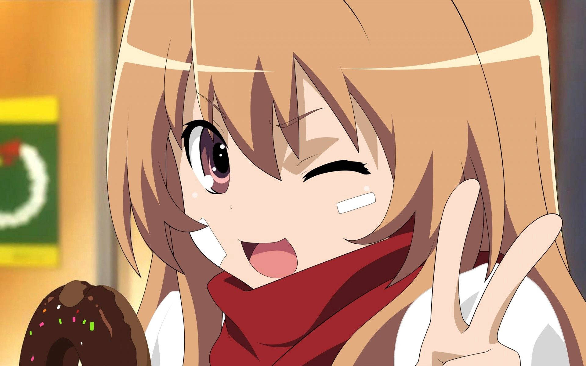 Taiga Aisaka fra Toradora selfie med fredstegn bakgrunnsbilde