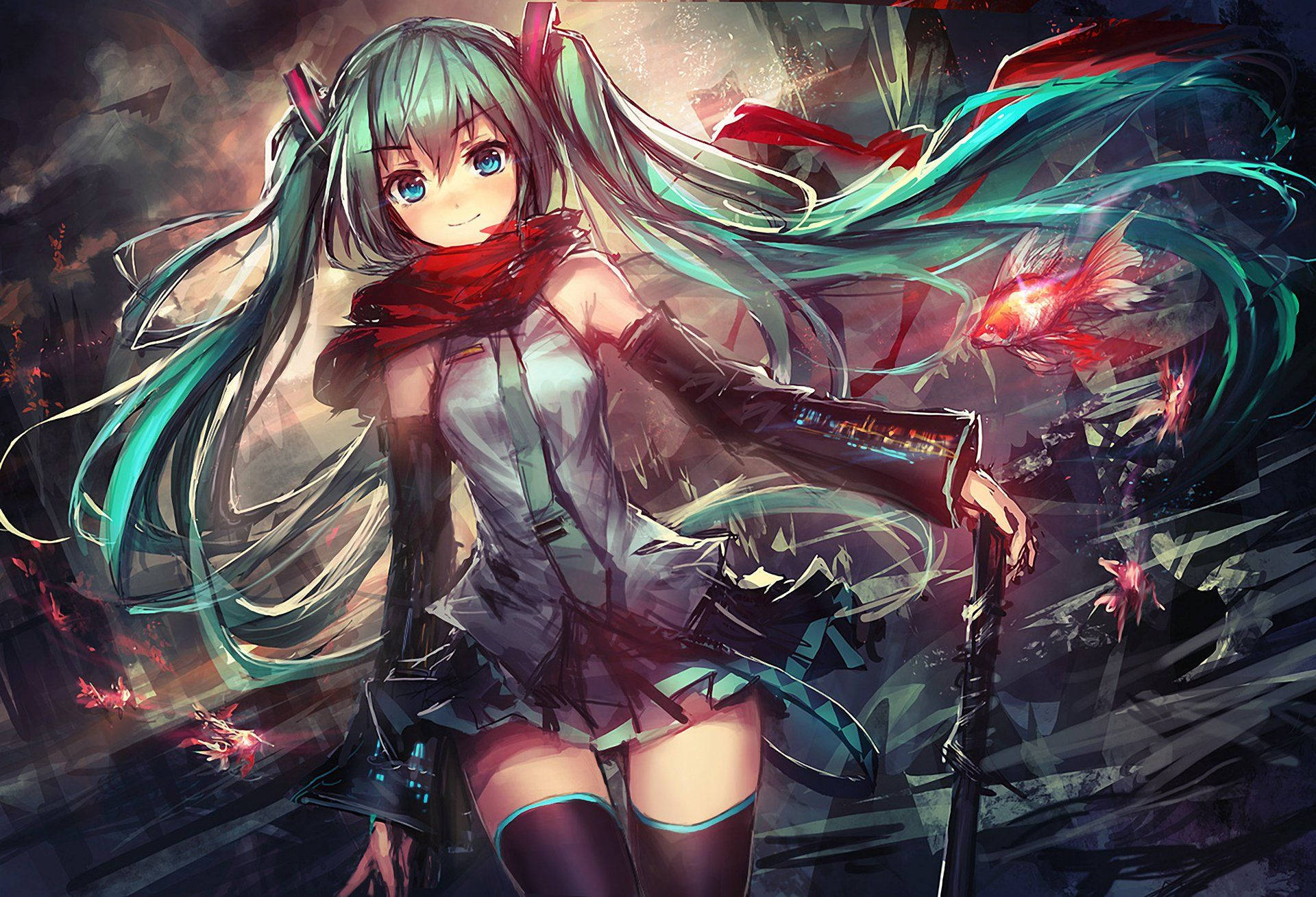 Animejente og vocaloid Hatsune Miku med lang blå hestehale bakgrunnsbilde