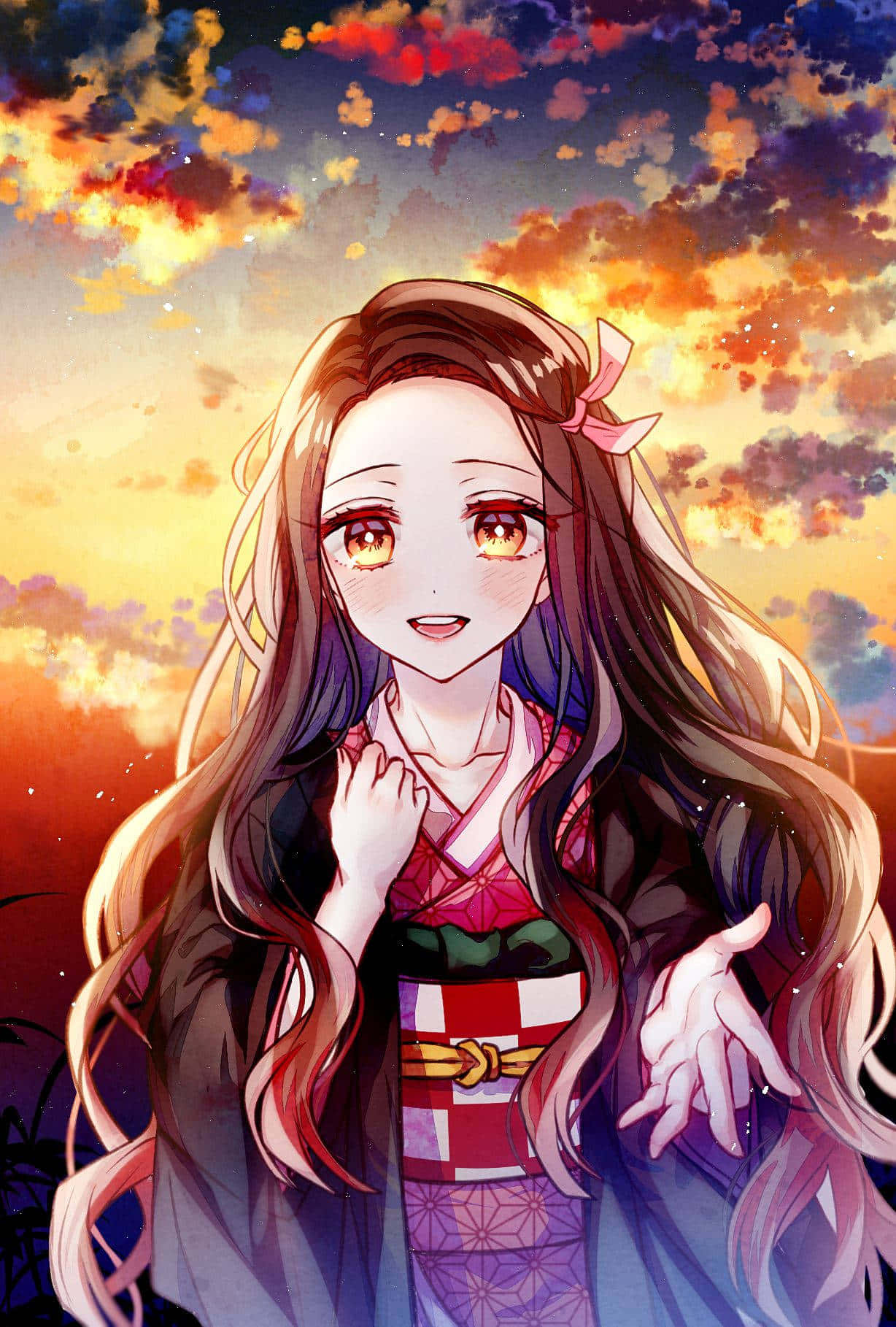 Animekarakter Søt Nezuko Kamado med solnedgangshimmel Bakgrunner