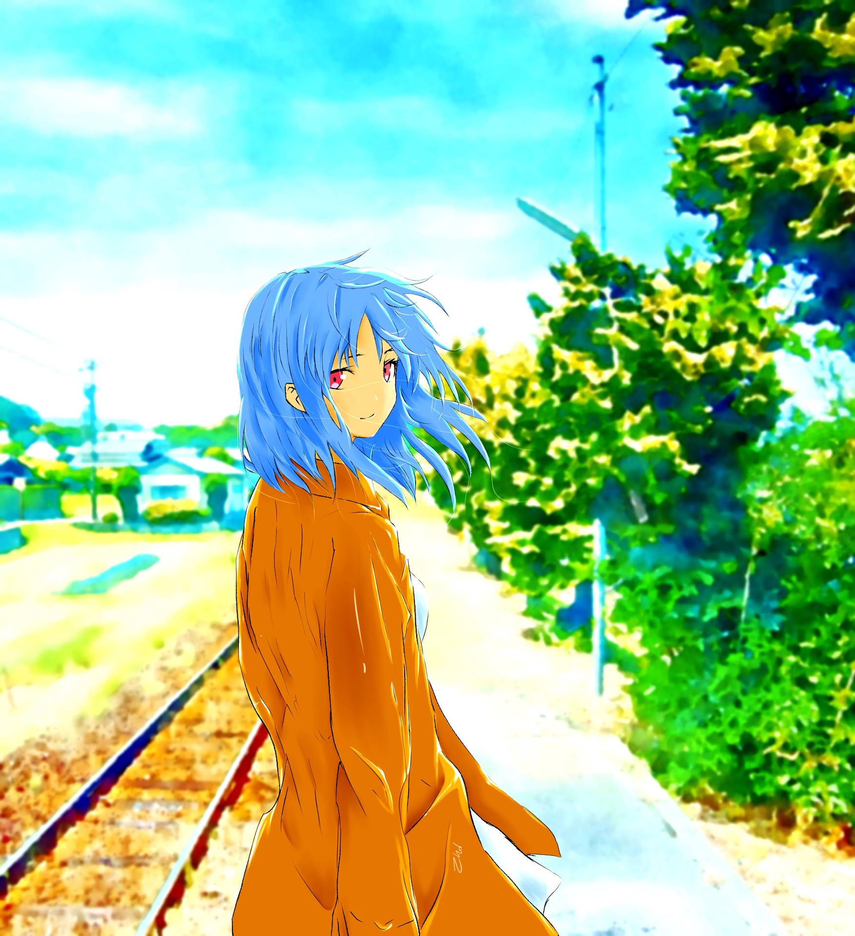 Animekunstjente nær jernbanespor bakgrunnsbilde