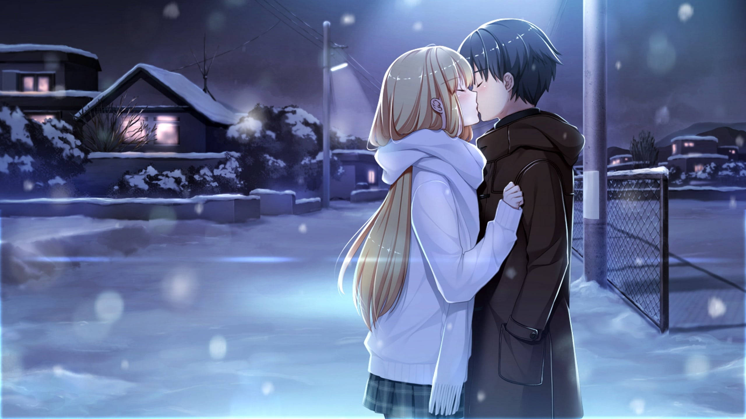 Animepar kysser under snøen Bakgrunner