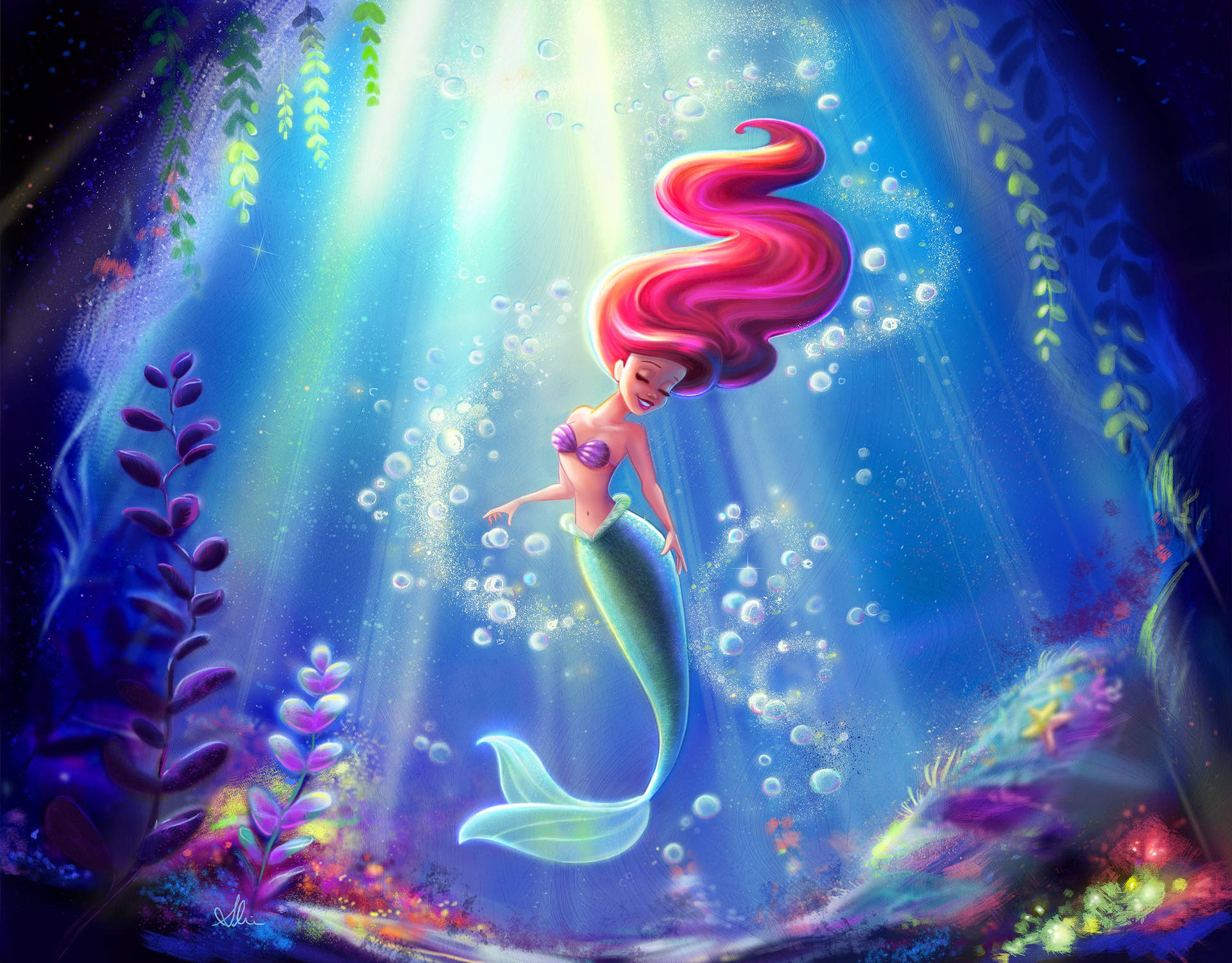 Den lille havfruen Ariel danser under vann bakgrunnsillustrasjon.