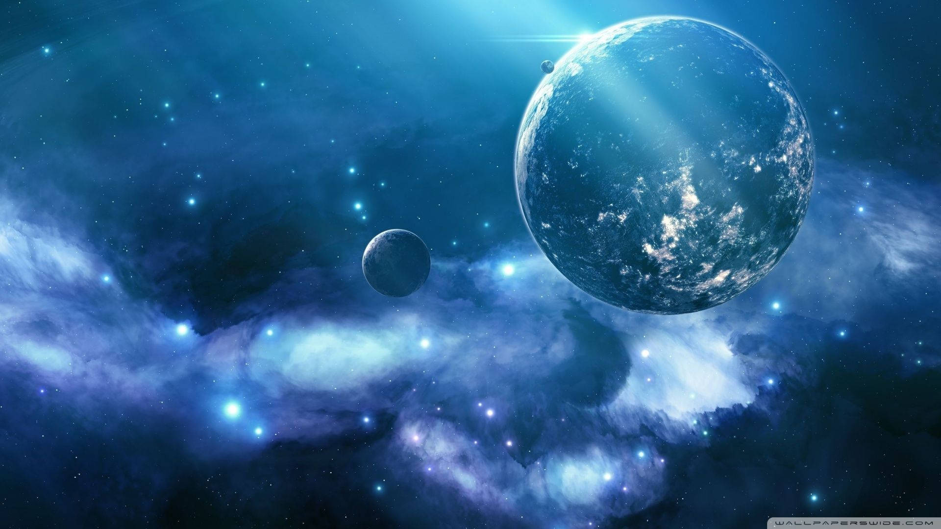 Himmelske sfæroidelegemer i blå galakse med blå tindrende stjerner, Galaxy HD-bakgrunn
