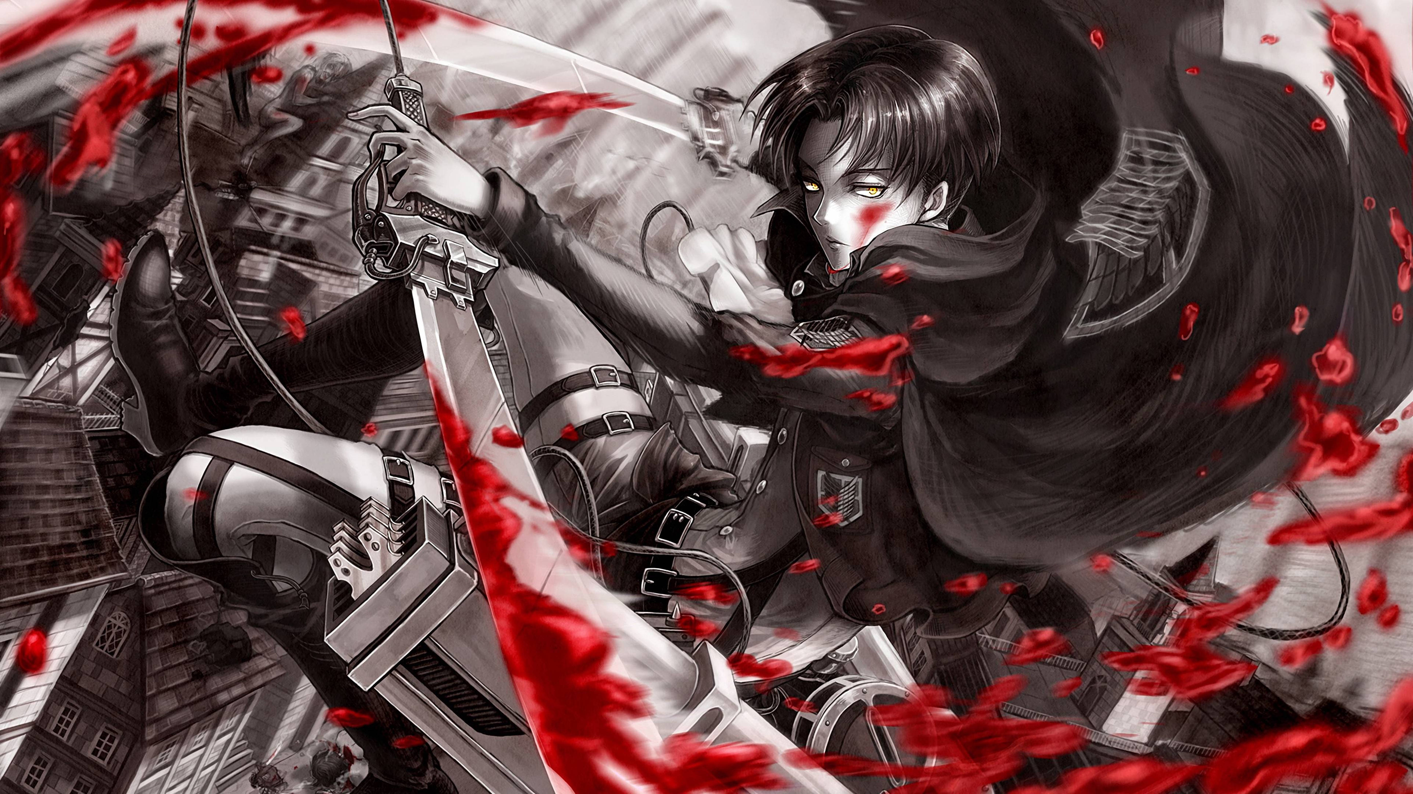 Attack On Titans 4K Eren Yeager Blodig Sverd Bakgrunner