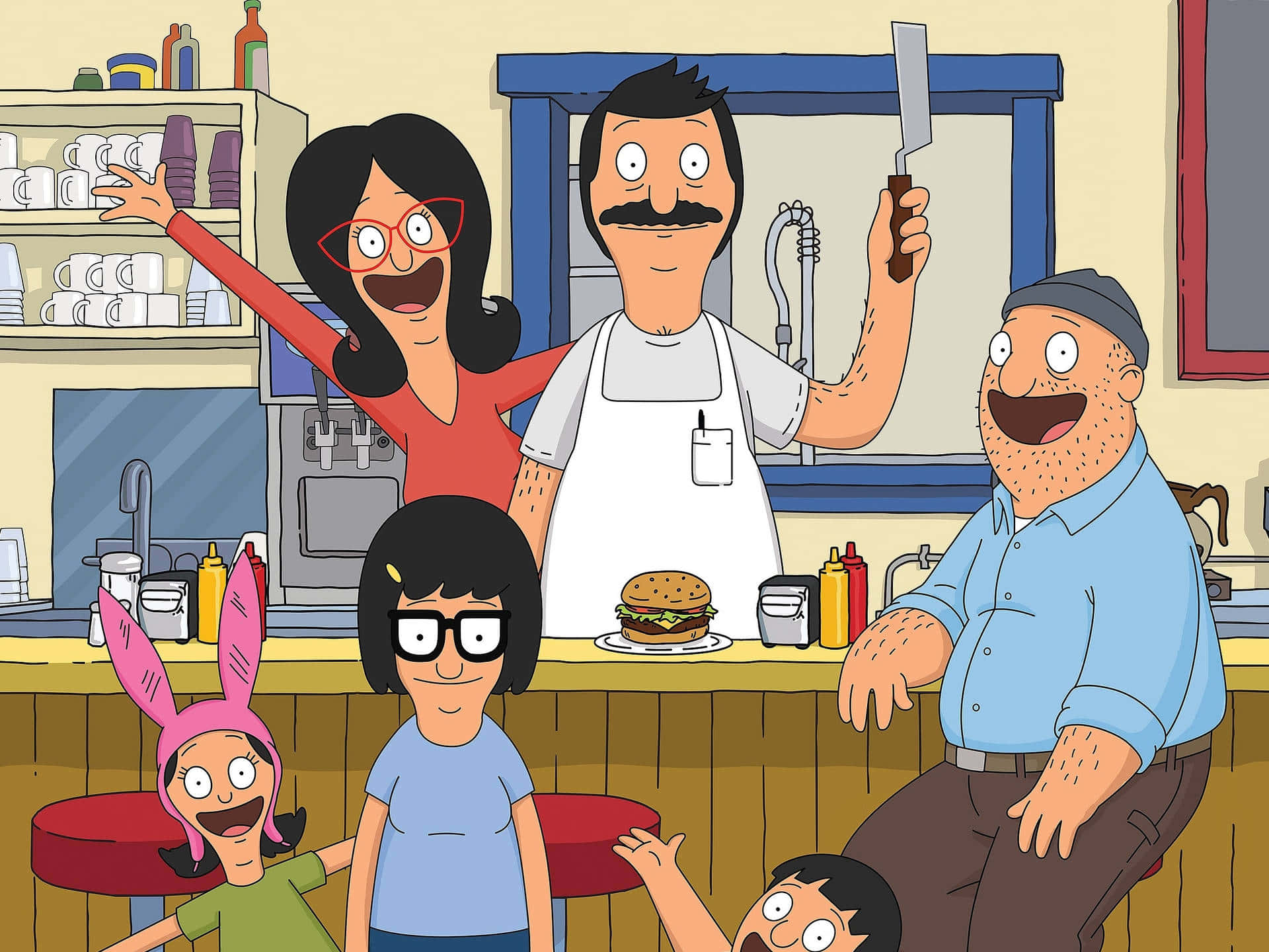 Belcher-familien med Teddy i Bob's Burgers-bakgrunn Bakgrunner