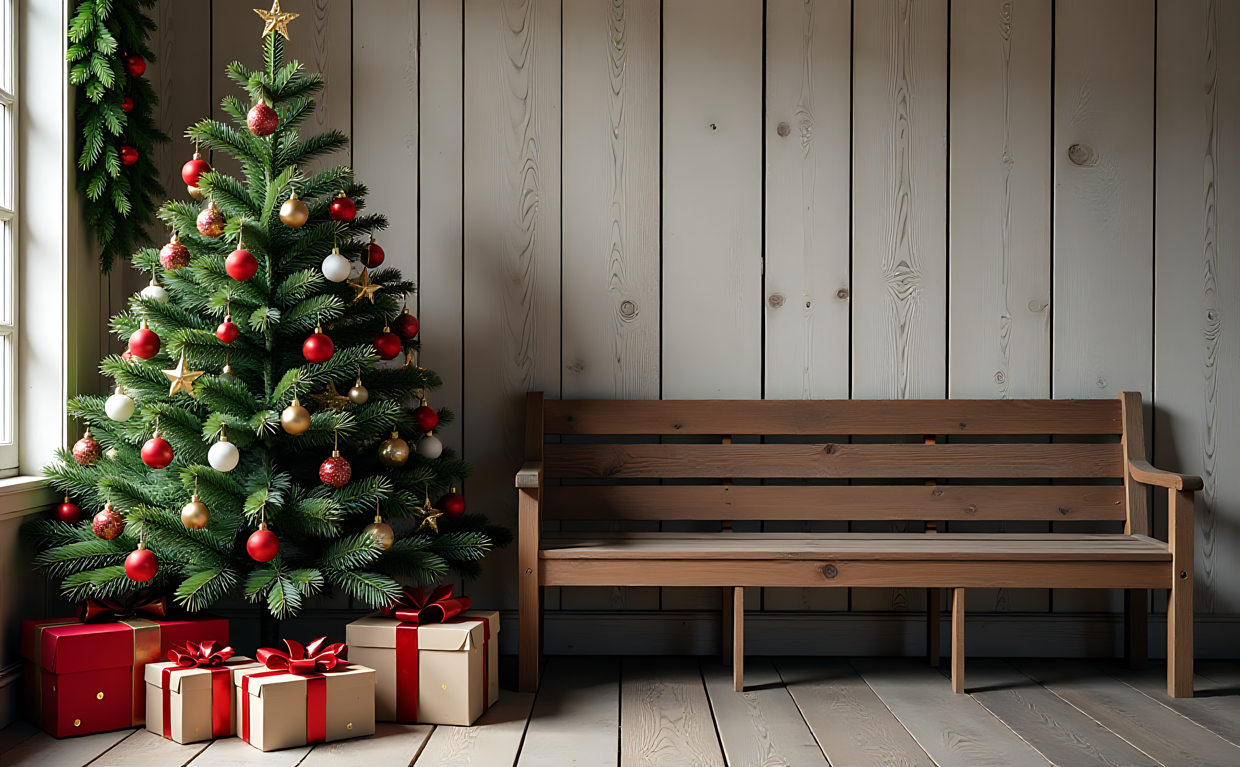 Benk under juletreet med gaver Bakgrunner