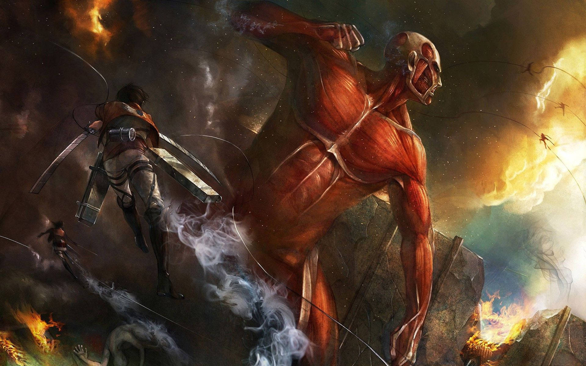 Undersøkelseskorpset og Garnisonshæren kjemper mot den gigantiske Kolossale Titanen i Attack on Titan fan art-bakgrunnsbilde.