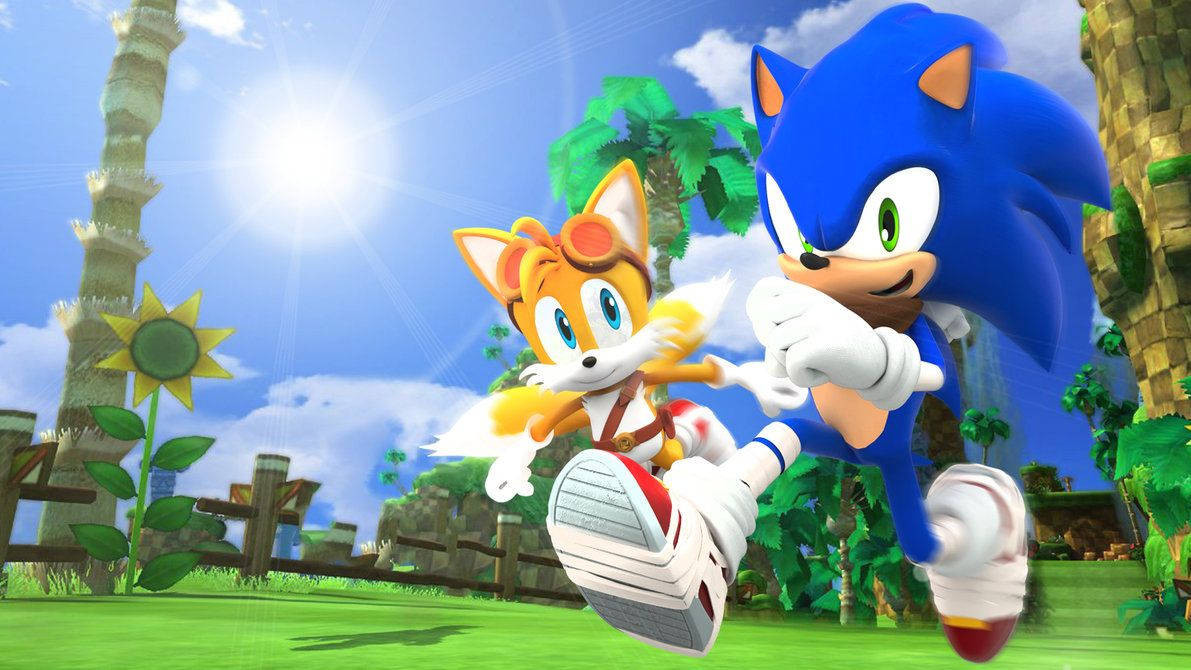 Bakgrunnsbilde av Sonic og Tails som løper rundt på en solrik dag.