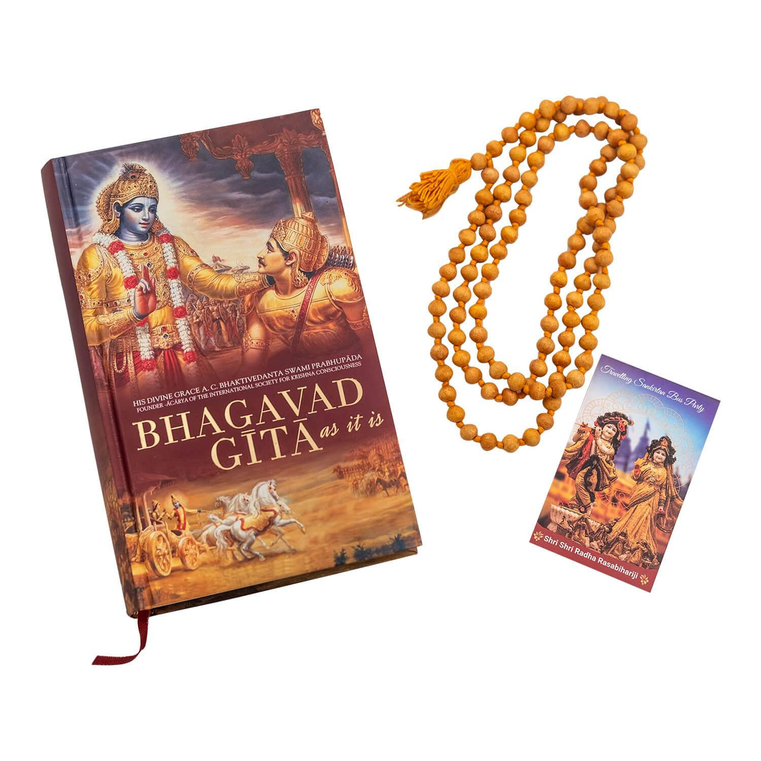 Bhagavad Gita og gule japa mala-bønnekjeder Bakgrunner