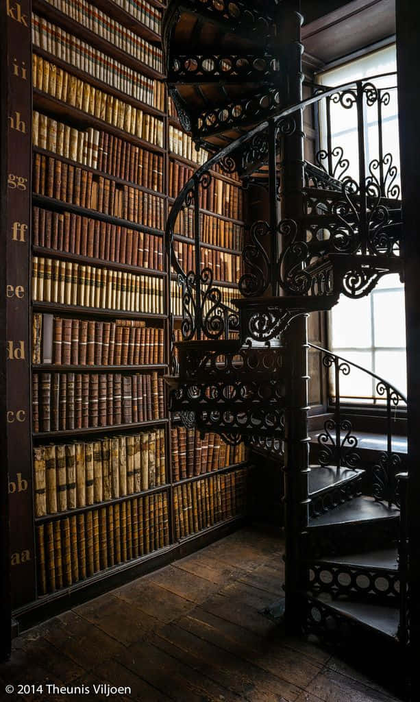 Bilde av bibliotek med svart spiraltrapp Bakgrunner