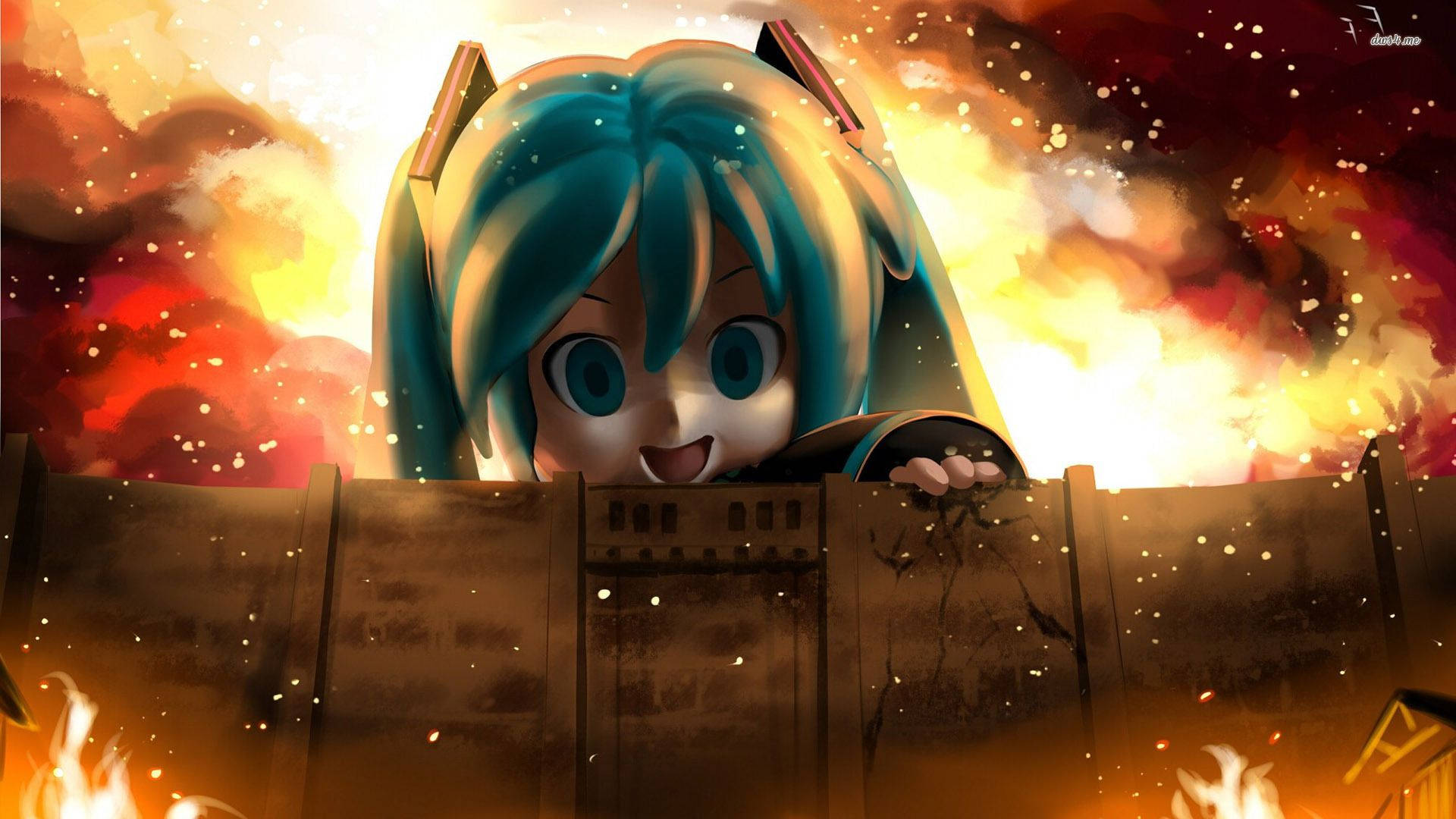 Bilde: Miku Hatsune møter Eren Yeager i Attack on Titan Bakgrunner