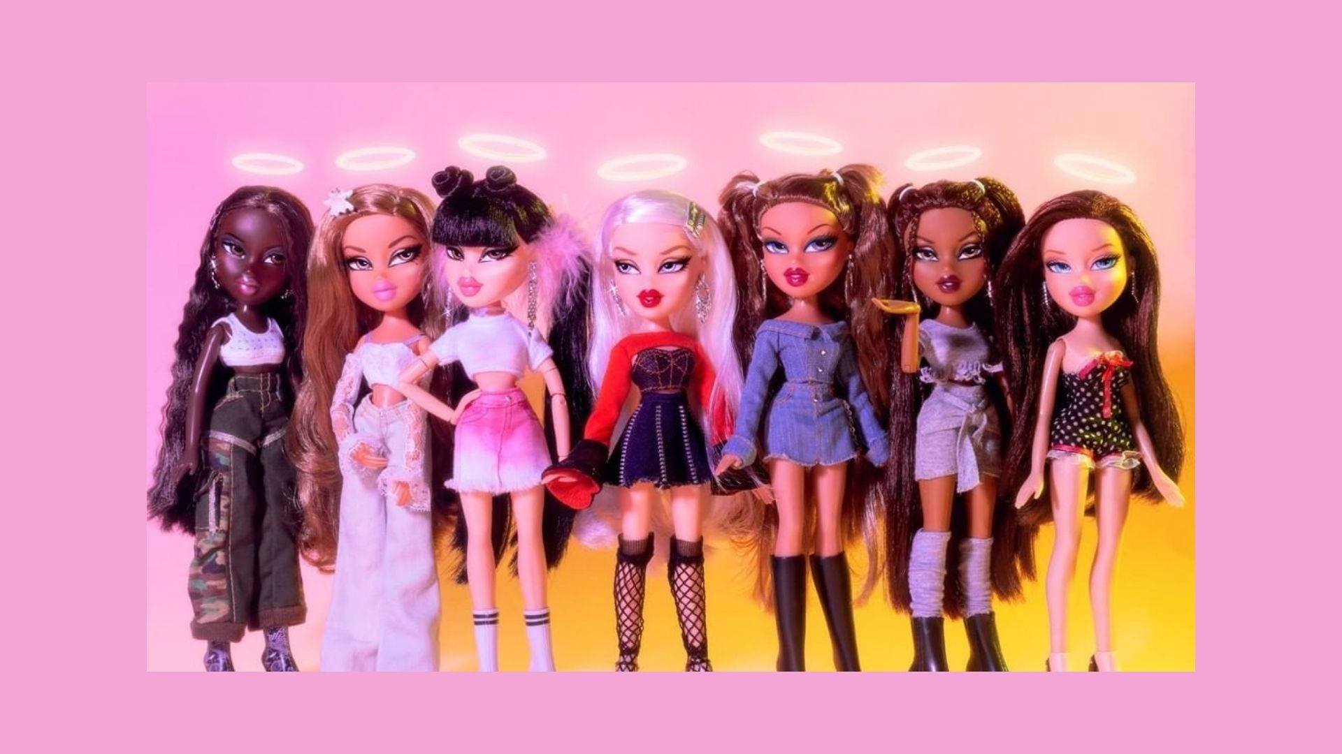 Bildetekst: Bratz Aesthetic-dukker som omfavner sin Halo-stil. Bakgrunner