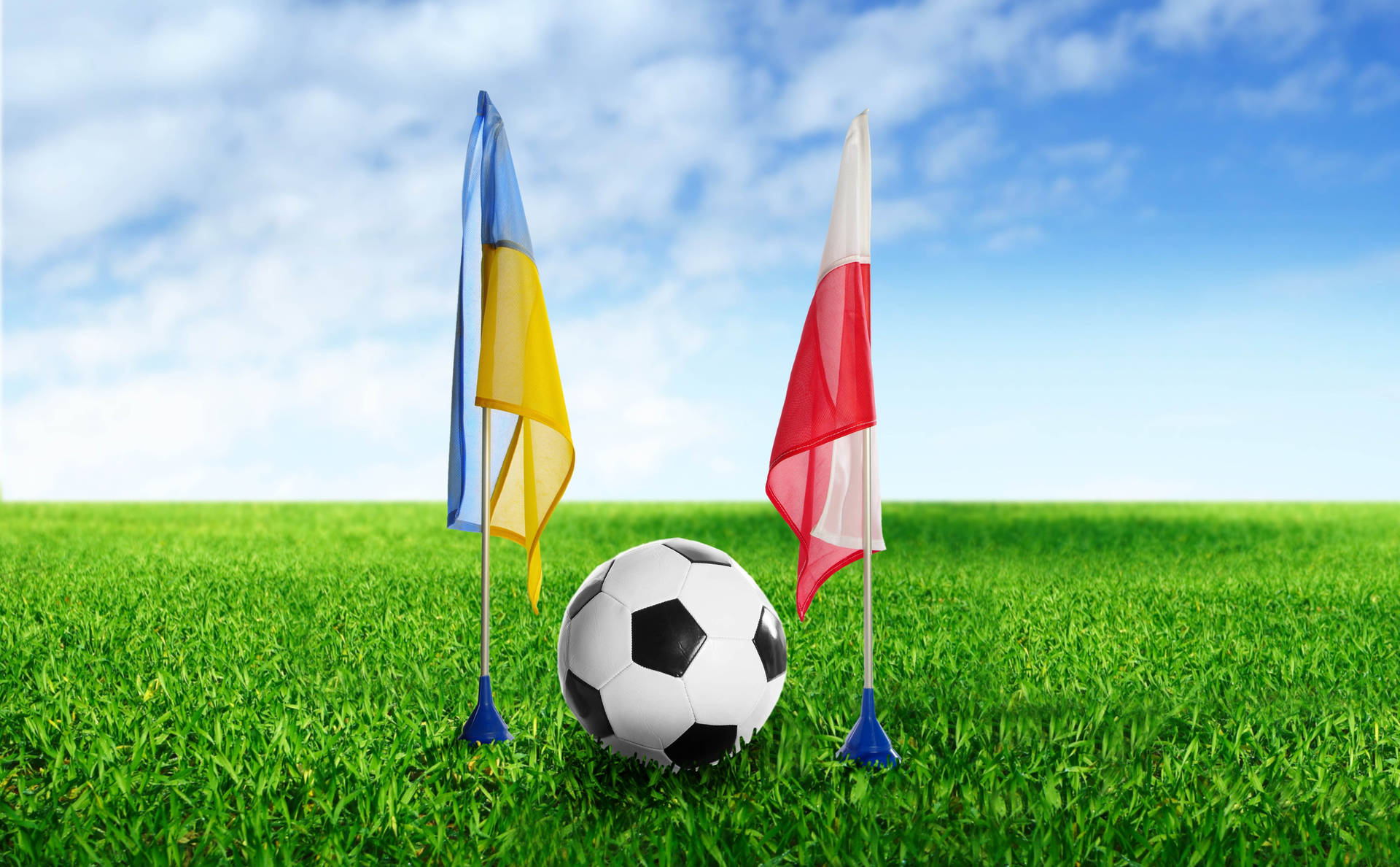 Fotball Ukraina Polen flagg grønn fotballbane bakgrunn.