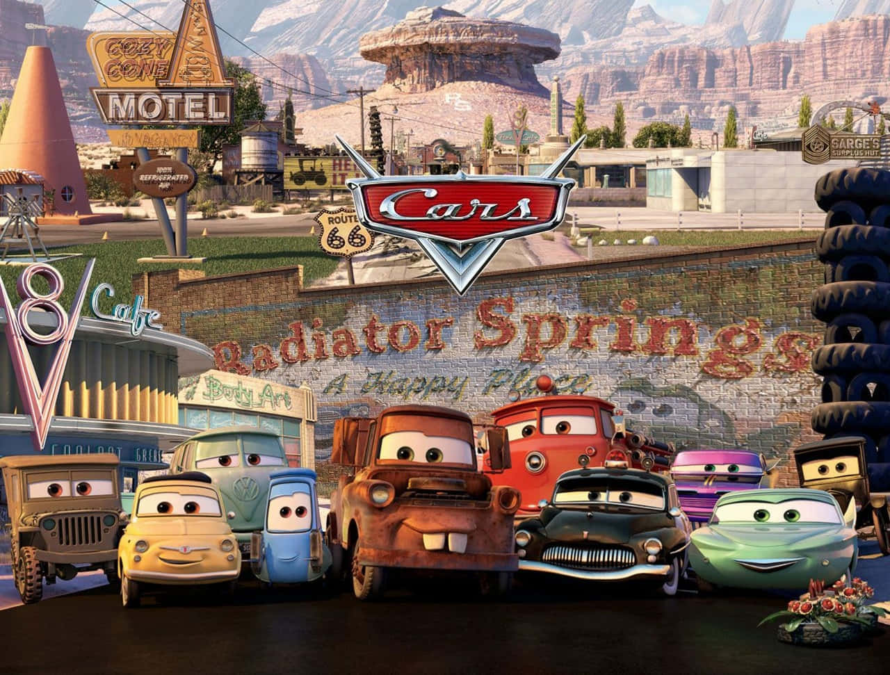 Biler animasjonsfilmfigurer i Radiator Springs Bakgrunner