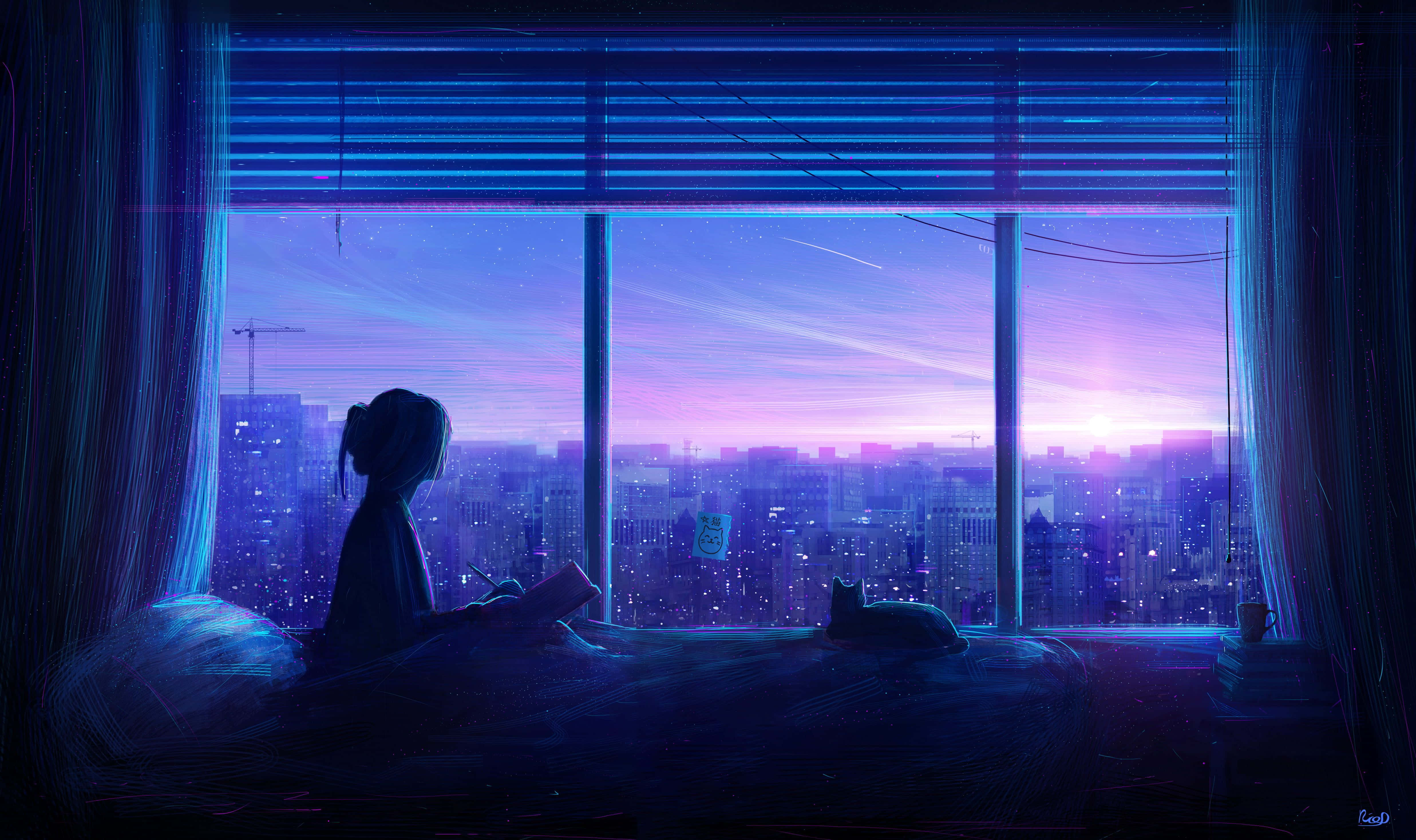 Blå anime-jente estetikk ved bredt vindu solnedgang Bakgrunner