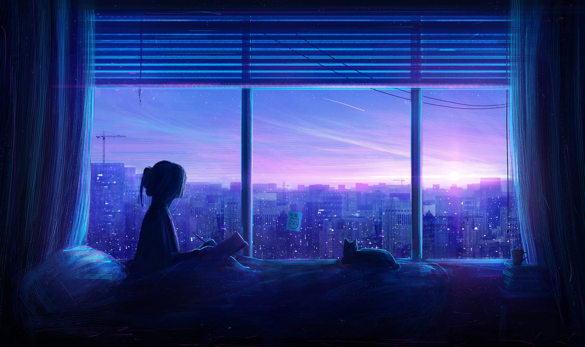 Blå anime silhuettjente og katt estetisk — Blå estetisk GIF Bakgrunner