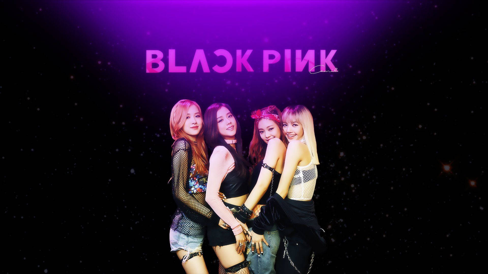 Blackpink-medlemmer med rosa logo på svart galaksebakgrunn bakgrunnsbilde