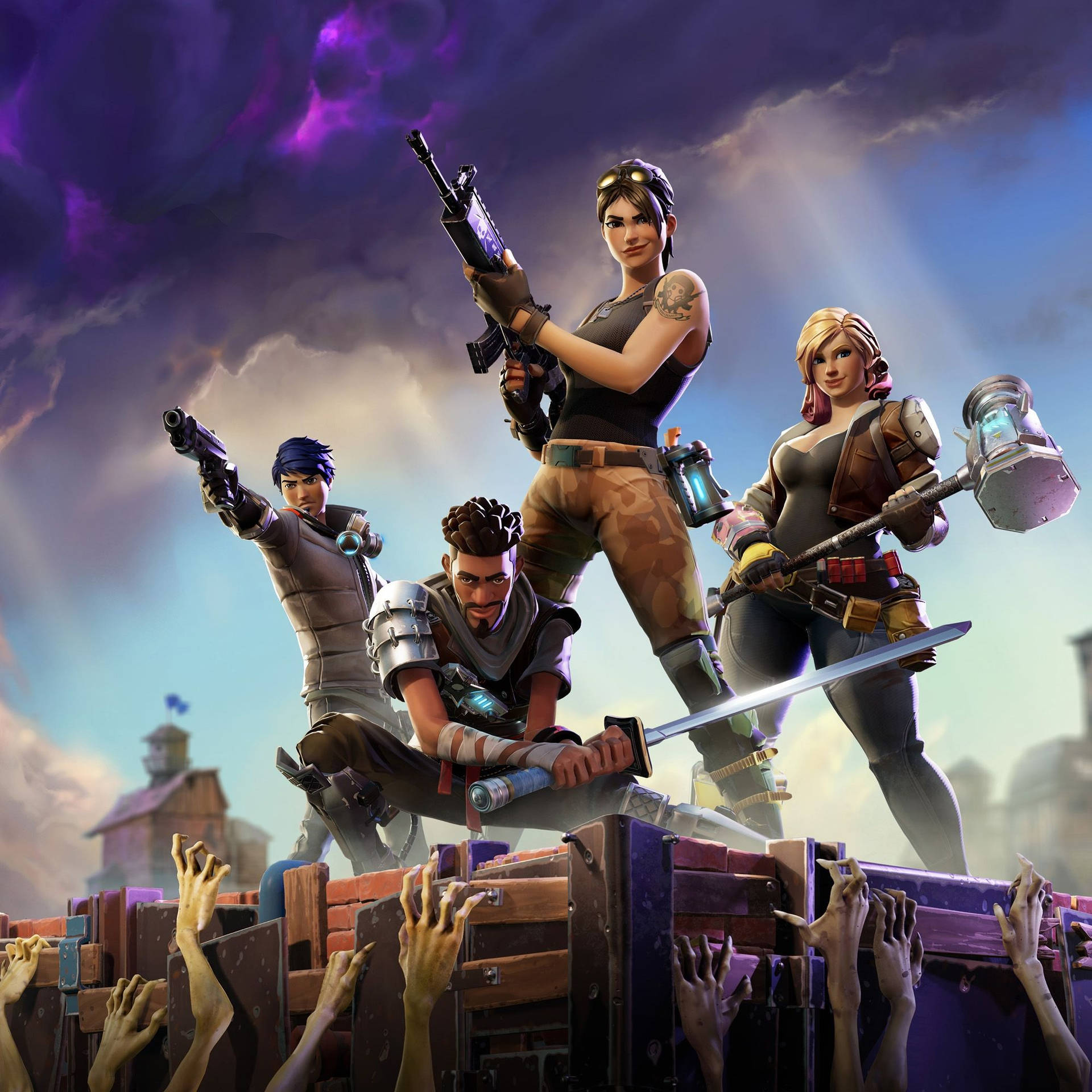 Fire krigere kjemper for å overleve mot monstre i spillet Fortnite HD-bakgrunnsbilde.