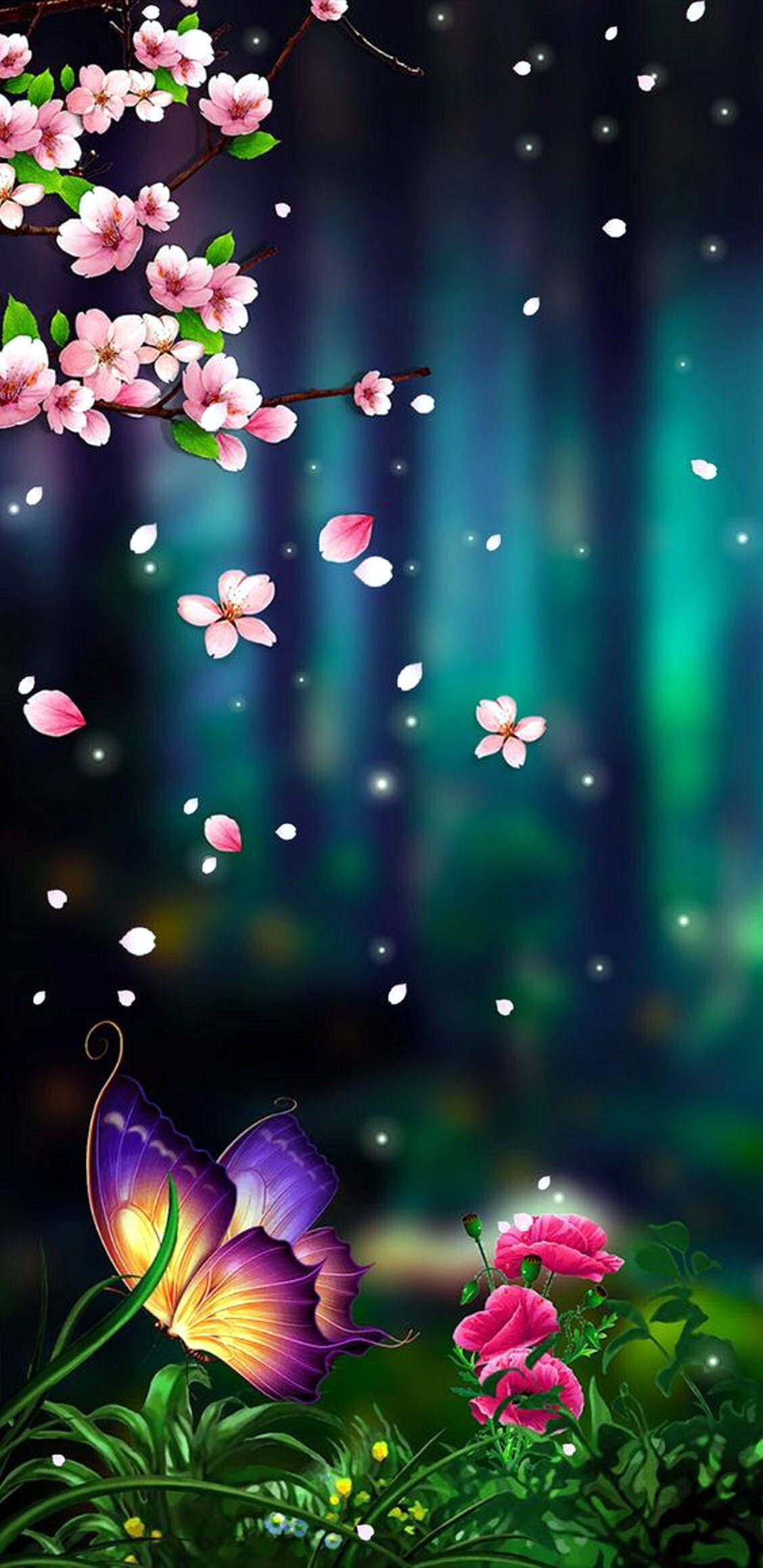 Blomster og sommerfugl 3D Android-telefon Bakgrunner
