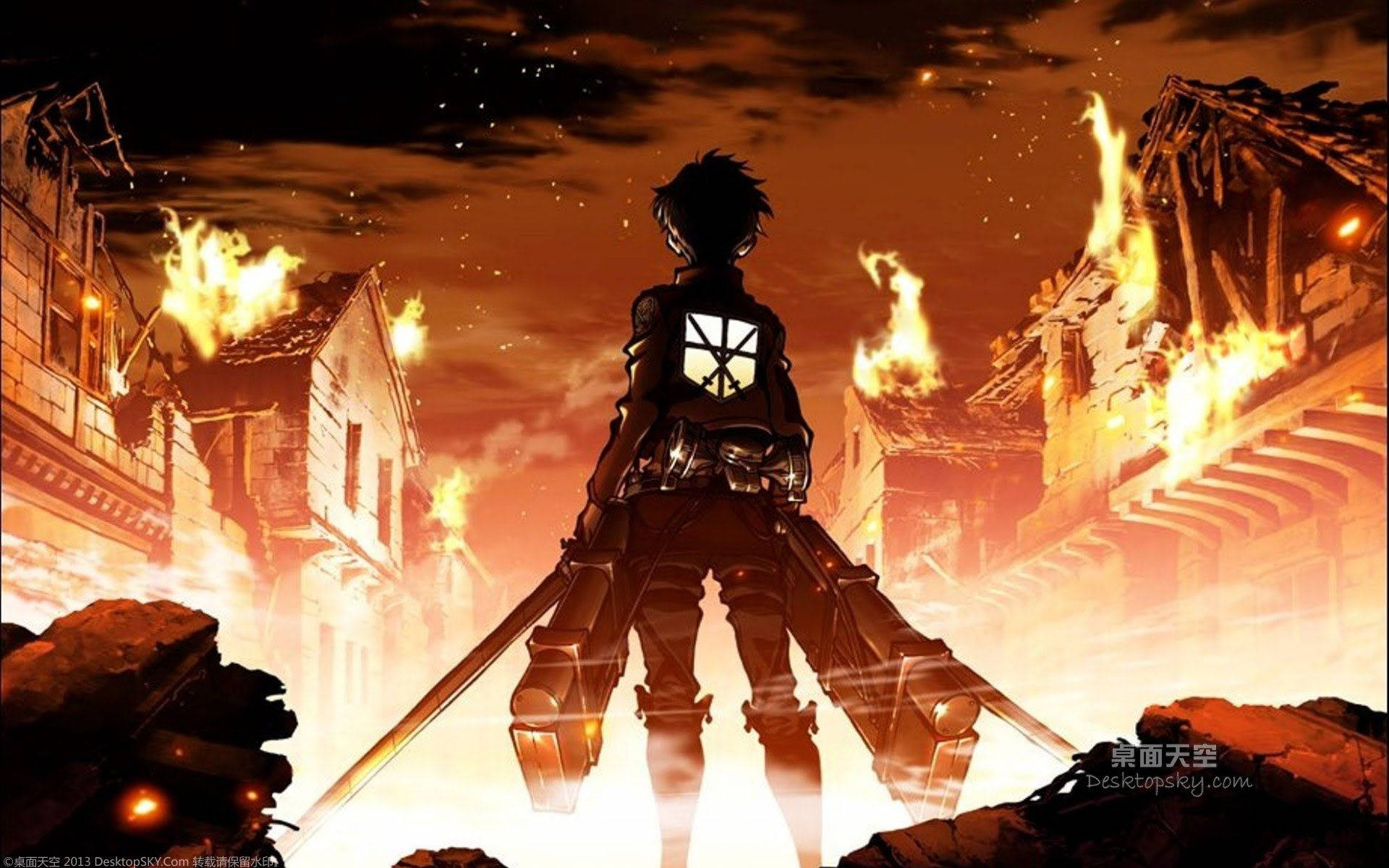 Eren som står overfor de brennende landsbyhusene i Attack on Titan-fanart-bakgrunn.