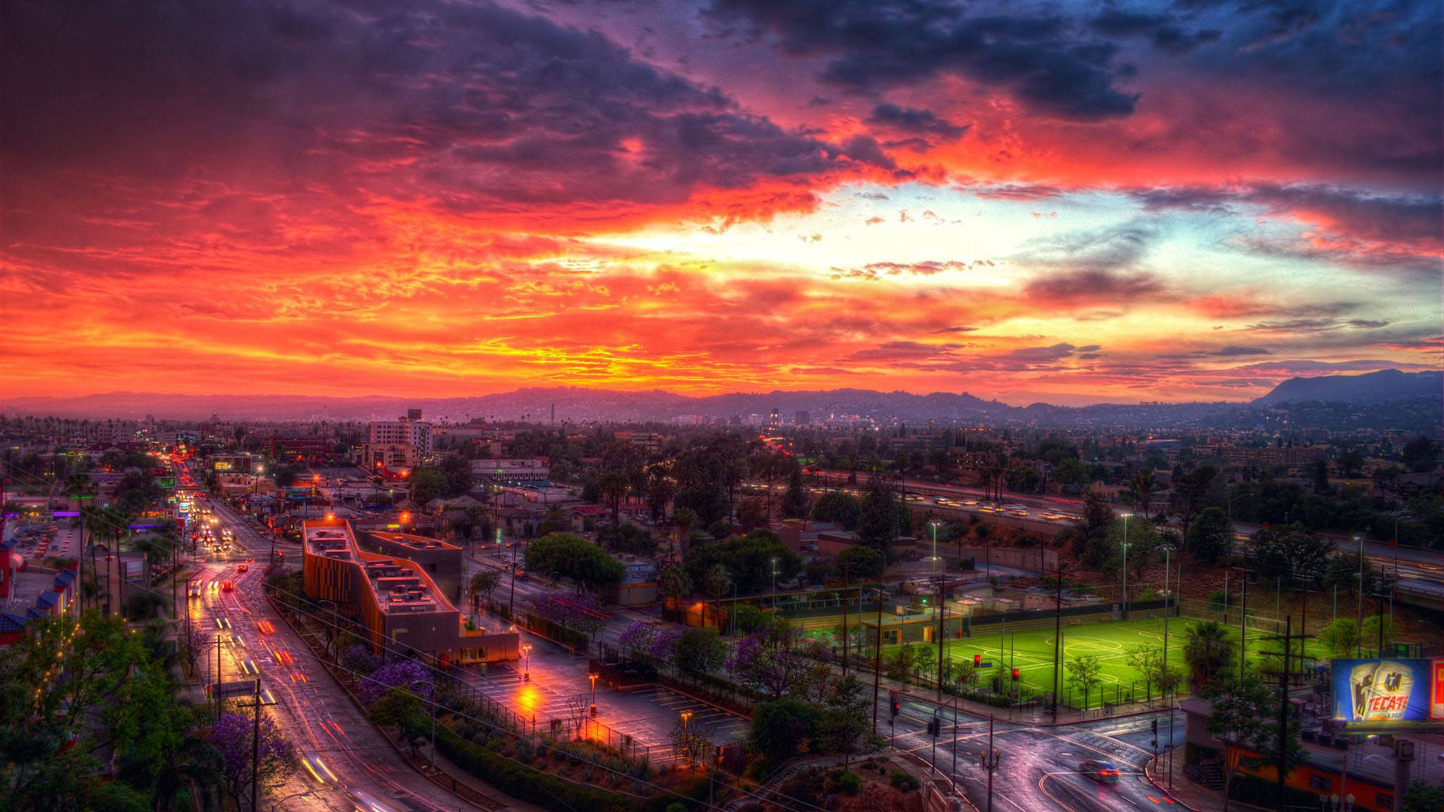 Brennende rød solnedgang i Los Angeles Bakgrunner