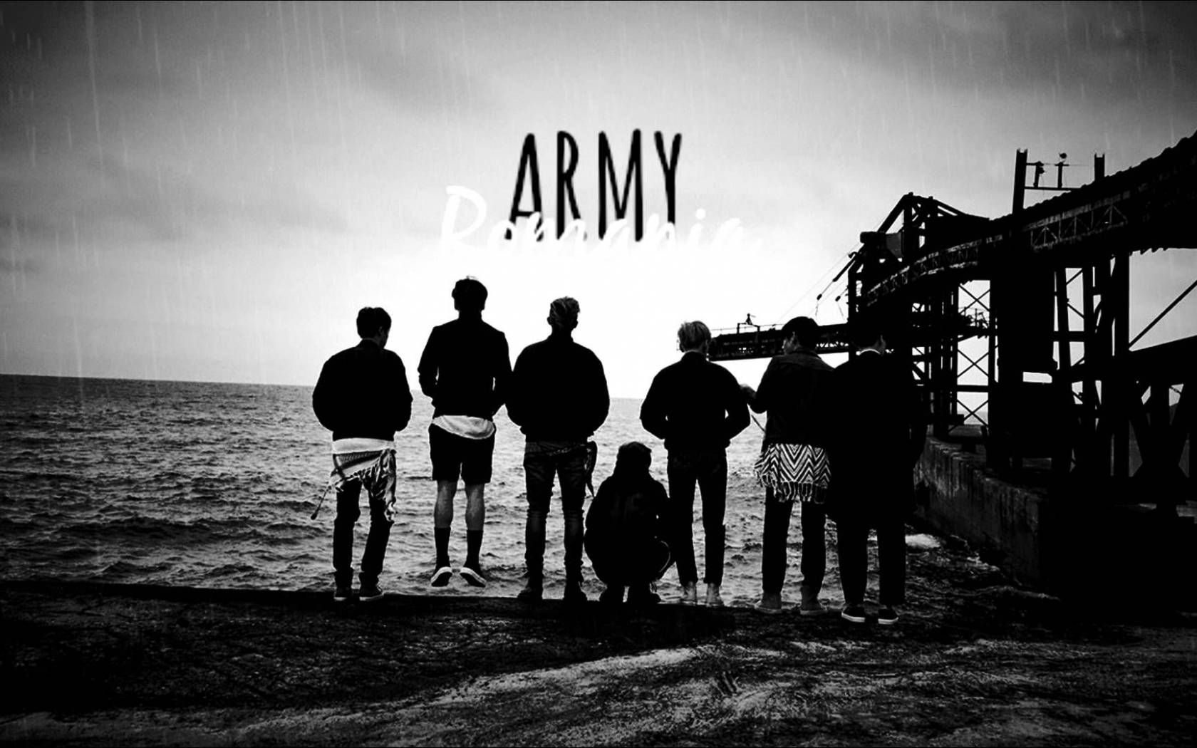 BTS står ved sjøen svart-hvitt laptop Bakgrunner