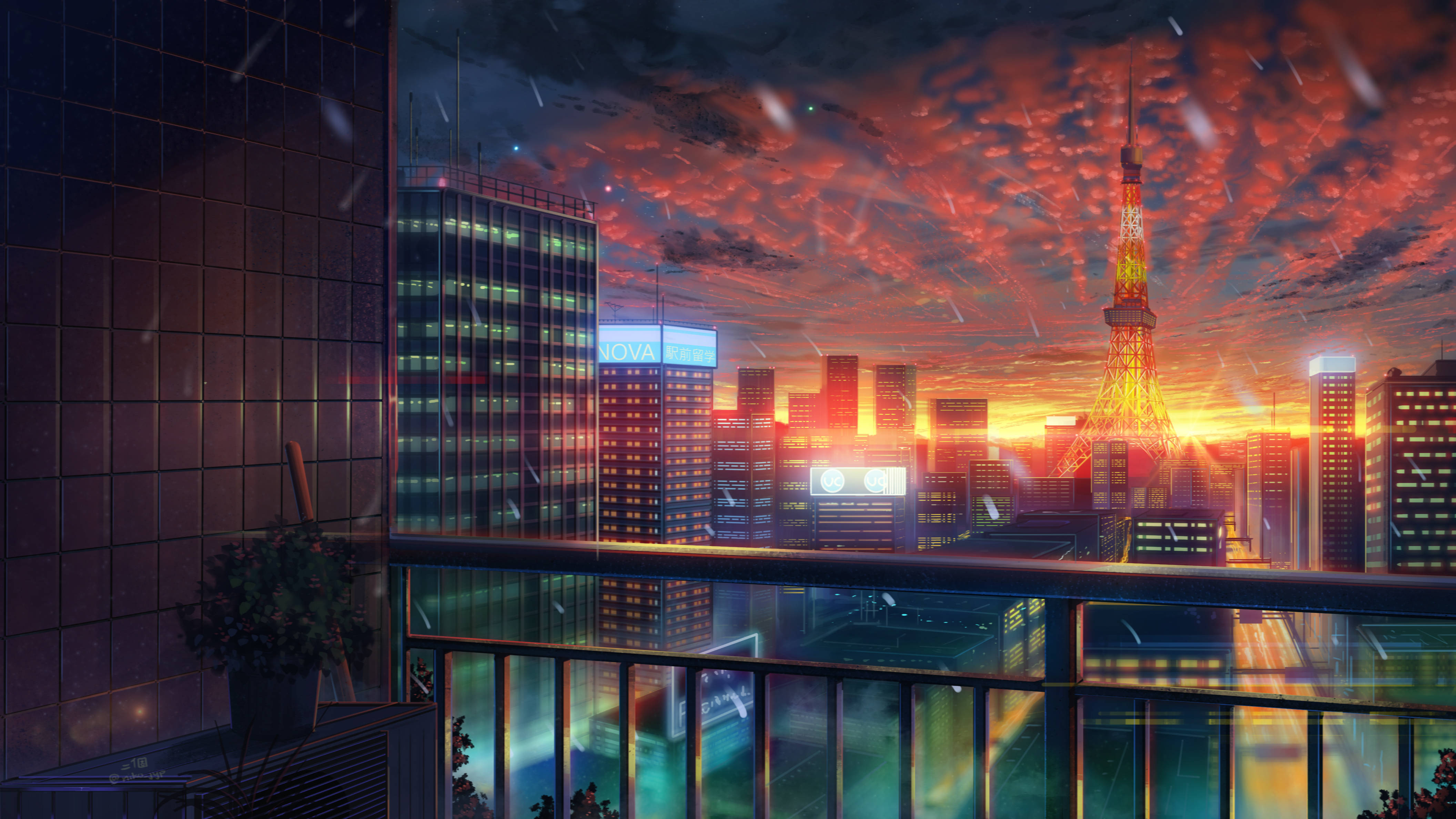 Bygninger i solnedgang anime 4K Bakgrunner