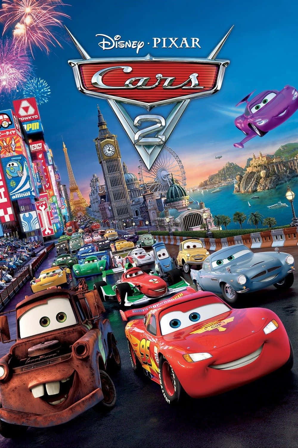 Cars 2 filmplakat med biler og fyrverkeri Bakgrunner
