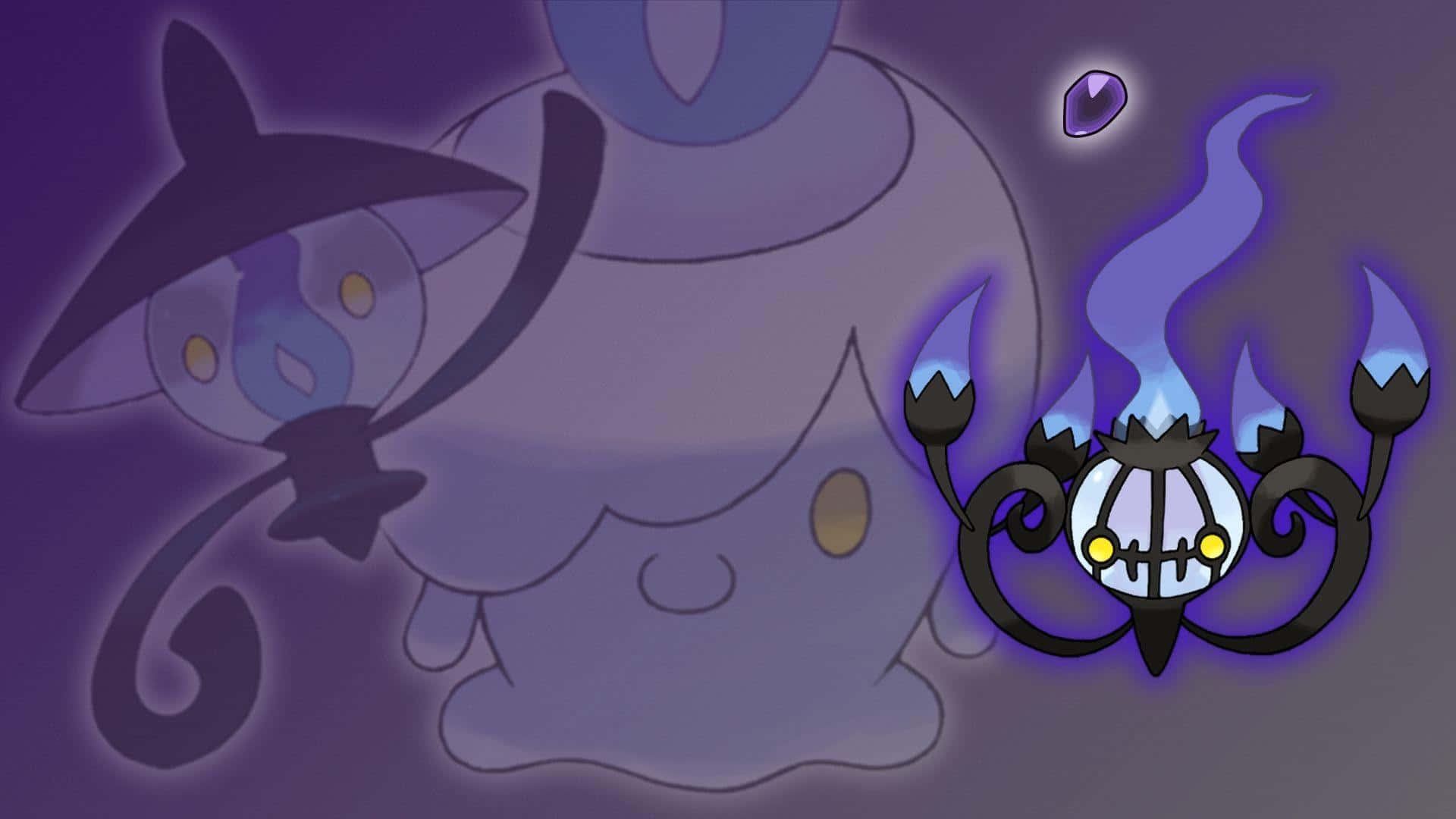 Chandelure med silhuett av Lampent og Litwick Bakgrunner