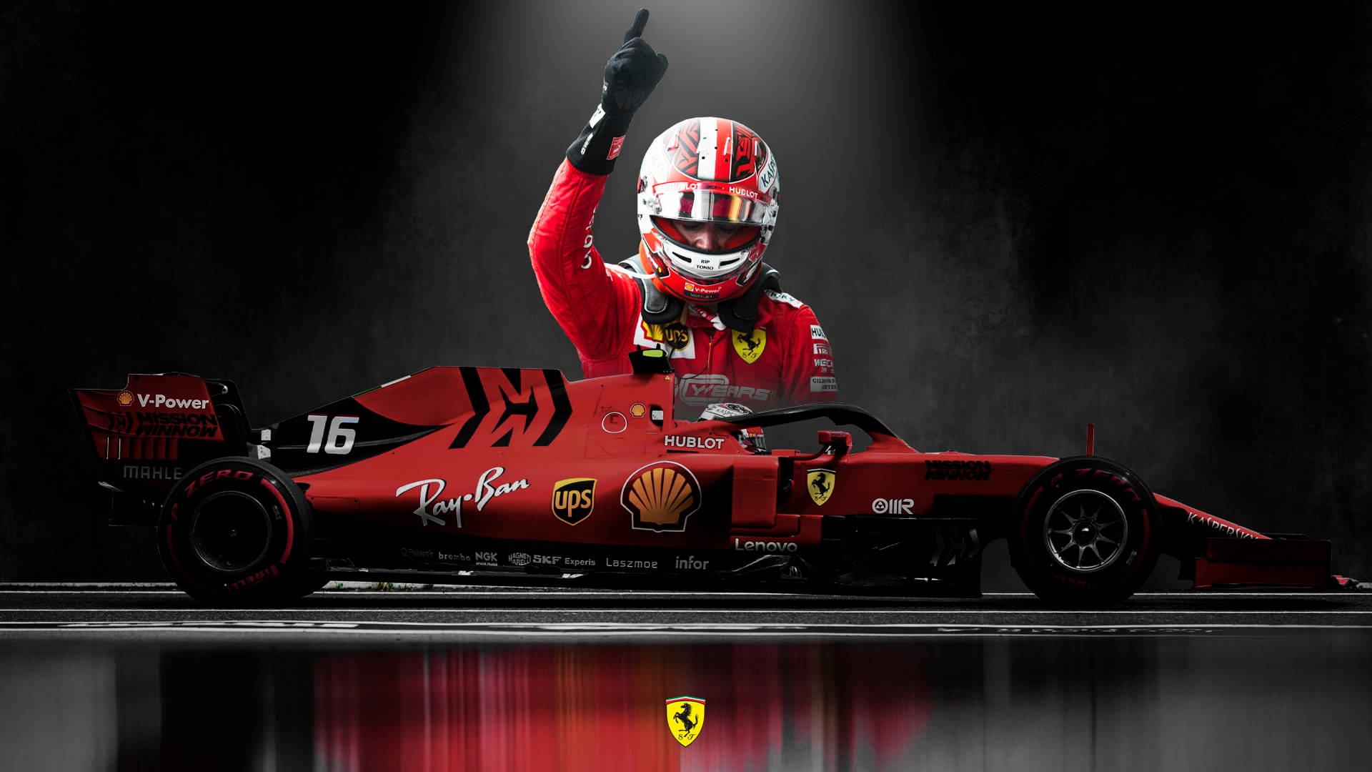 Charles Leclerc peker oppover med sidevisning av bilen Bakgrunner