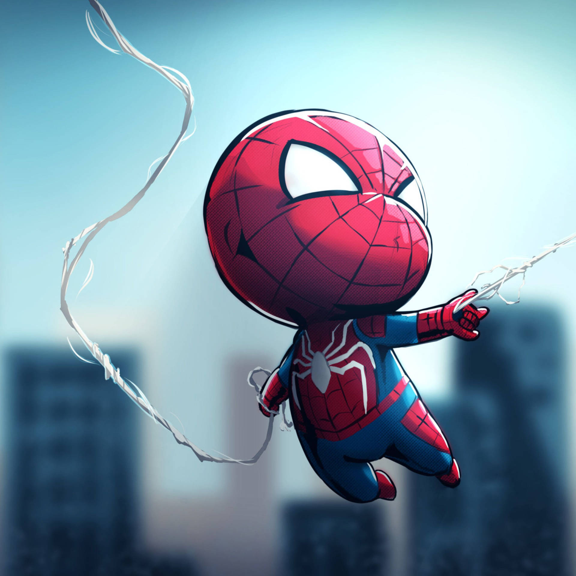 Chibi Spider-Man ballong med stort hode og lubben mage som holder i edderkoppnettsuperkreftene sine mens han henger i det — Mobil GIF Bakgrunner
