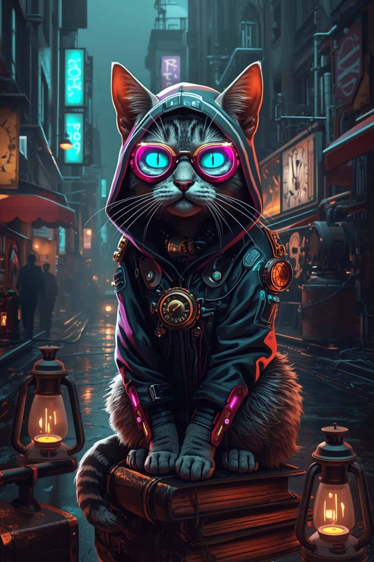 hettegenser,teknologi,kunst,futuristisk,kattunge,steampunk,neon,briller,katt,cyberpunk