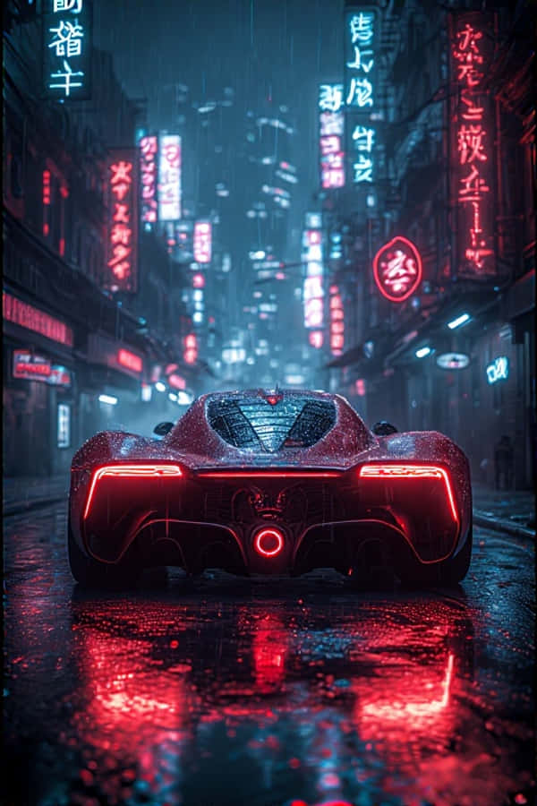 Cyberpunk Superbil i Neonregnfuld Smug Futuristisk 4K Bakgrunner