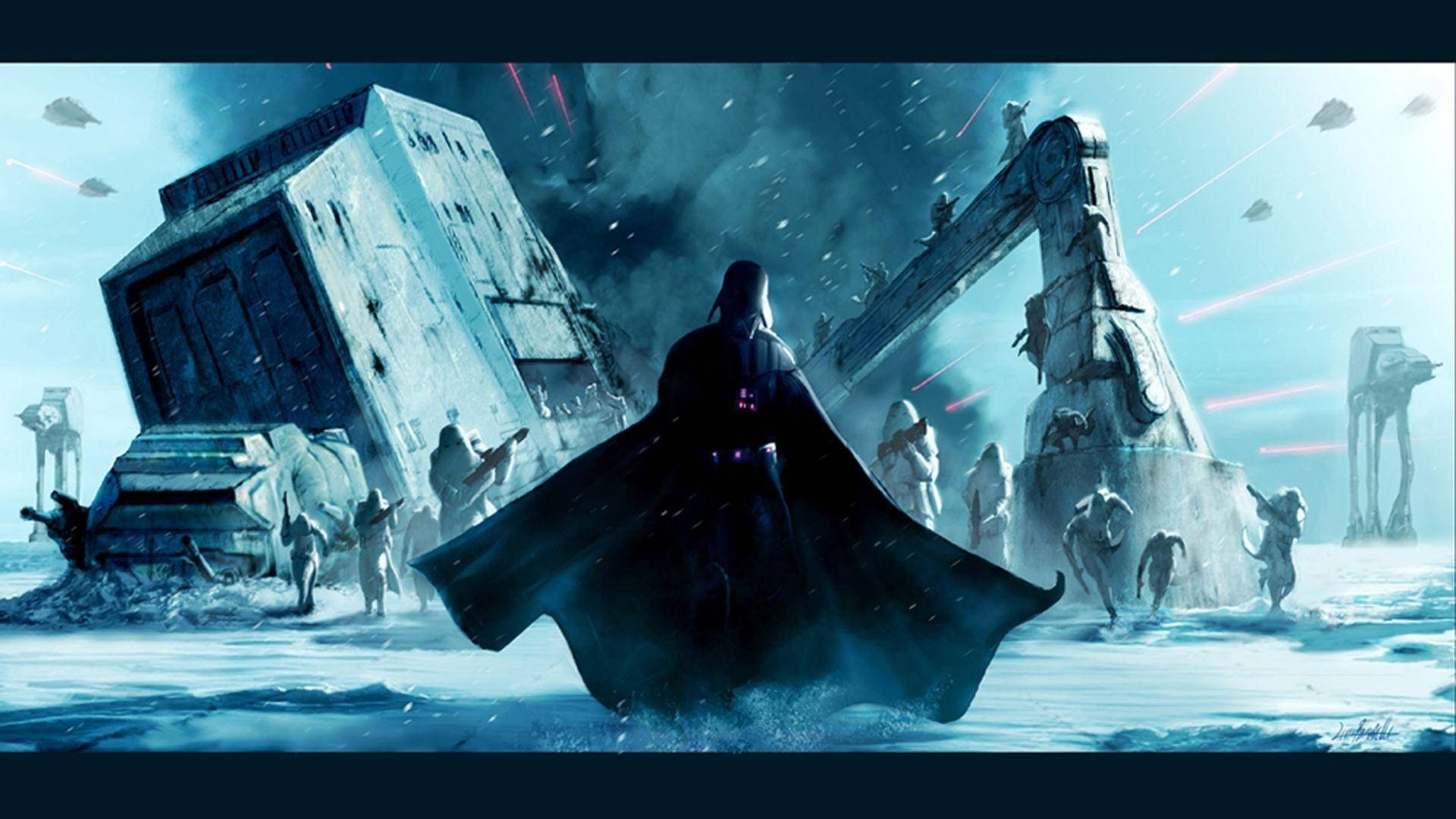 Star Wars-bakgrunnsbilde av Darth Vader som står på en ødelagt byplanet