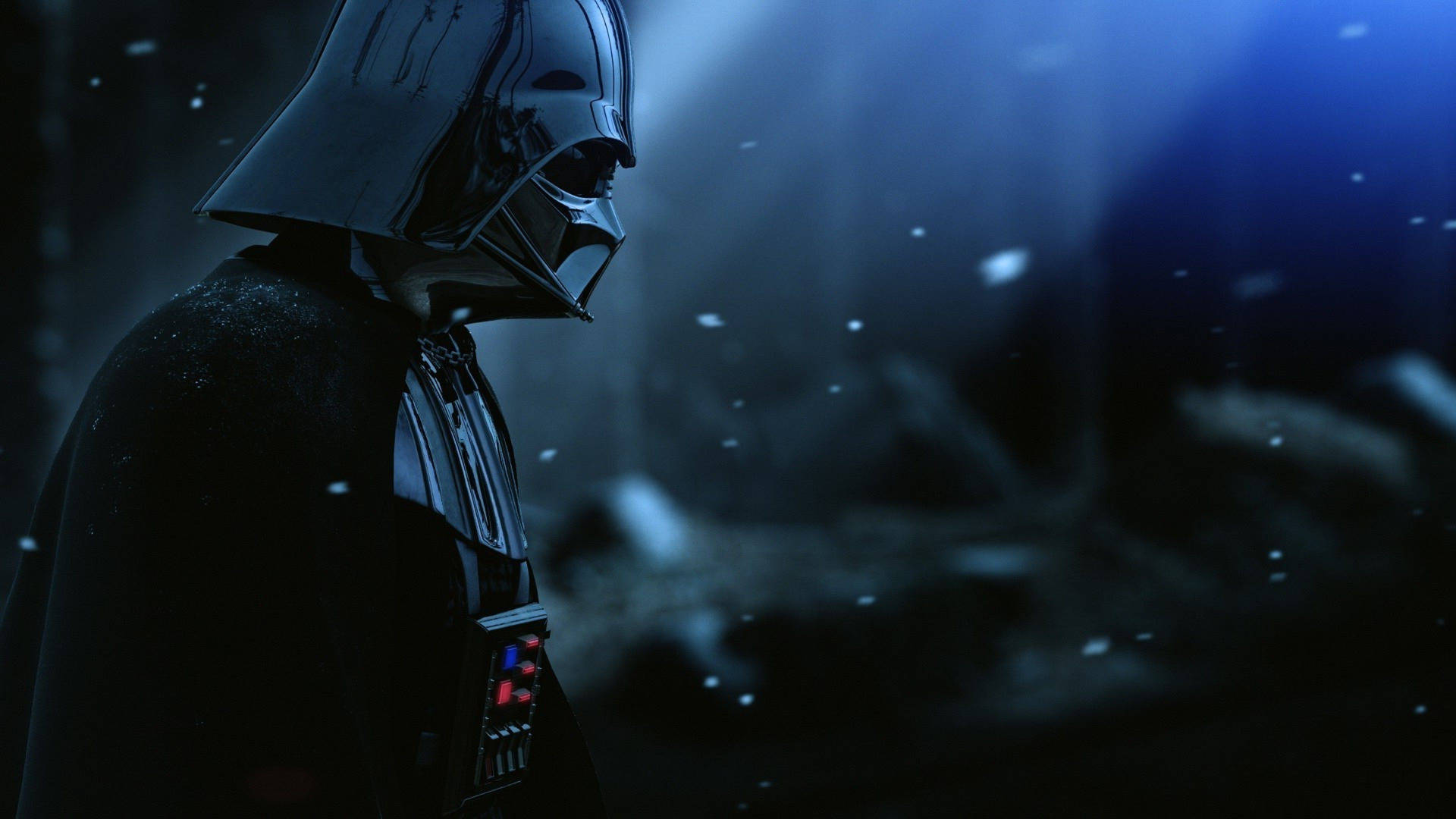 Star Wars-bakgrunnsbilde av Darth Vader sett fra siden med snøende svart bakgrunn
