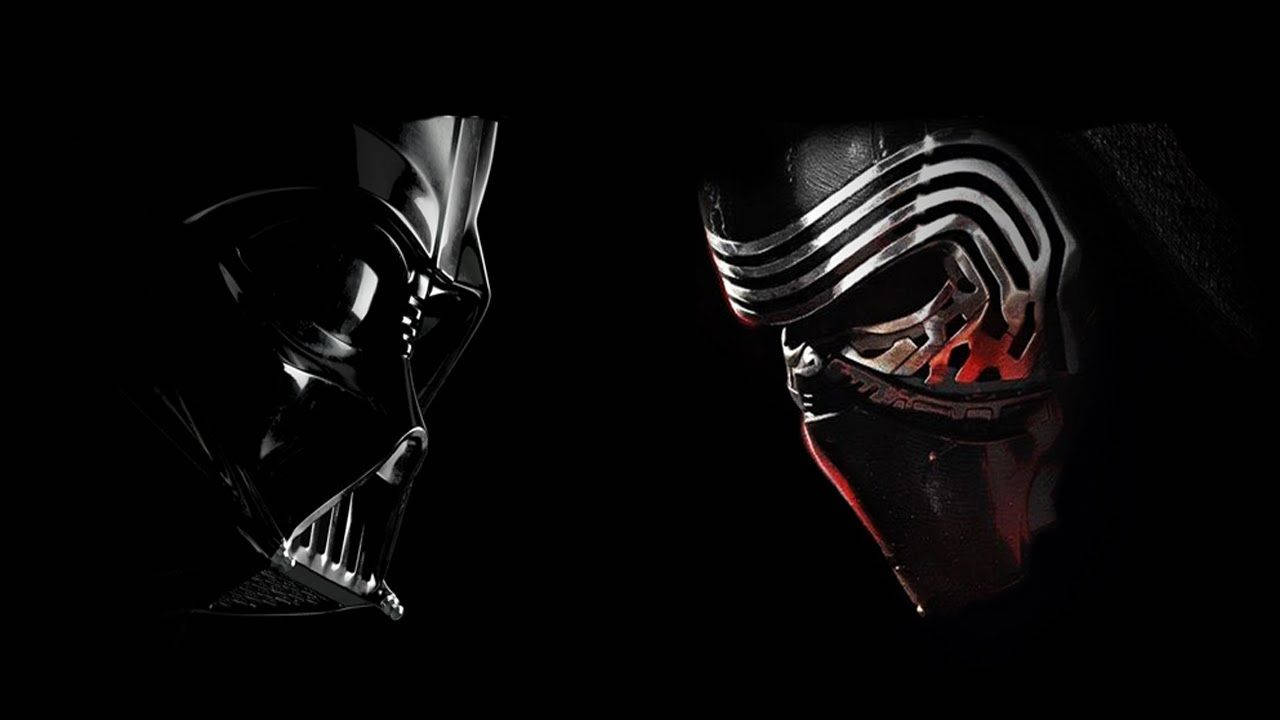 Star Wars-karakterer som står overfor hverandre på en svart bakgrunn.