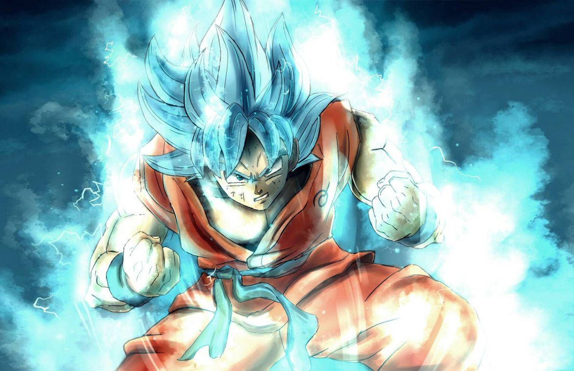 Dragon Ball Z San Goku Super Saiyan med blå ild, super broly anime-karakter.
