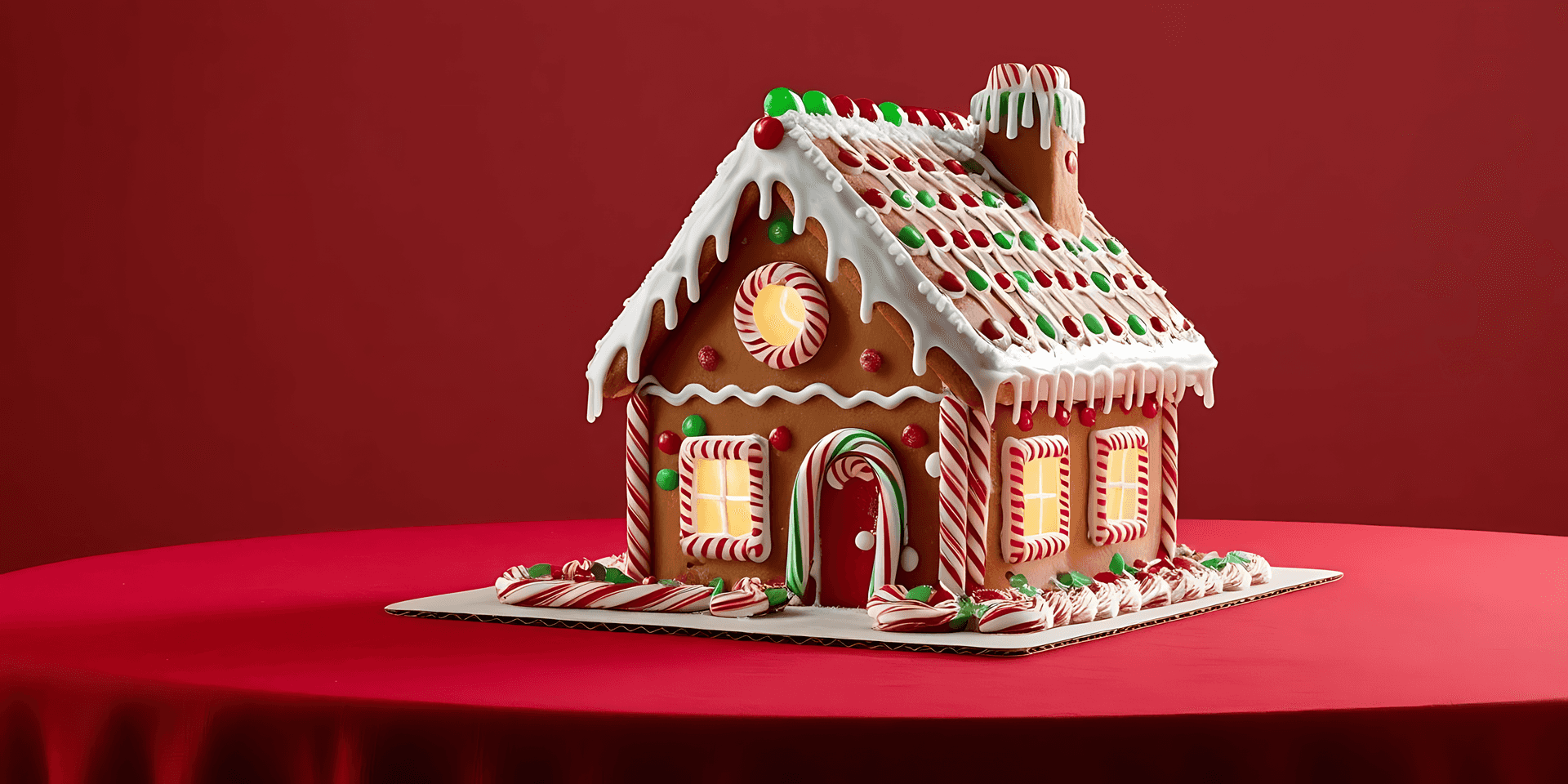 pepperkakehus,jul,kake,ferie,godteri,glasur,rød bakgrunn,festlig,spiselig,godsaker,søt,sesongbasert,dessert,dekorasjon,vinter