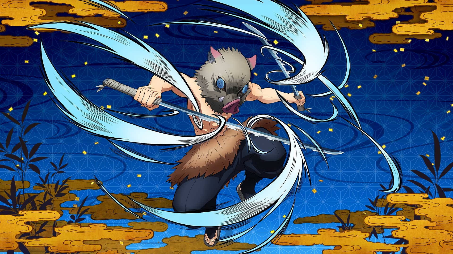 Demon Slayer Inosuke med vannvirvler på sverdene Bakgrunner