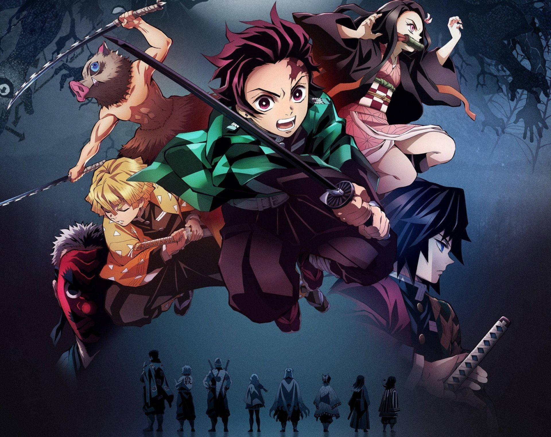 Demon Slayer-bakgrunnsbilde av Tanjiro sammen med Nezuko og Hashiraene.