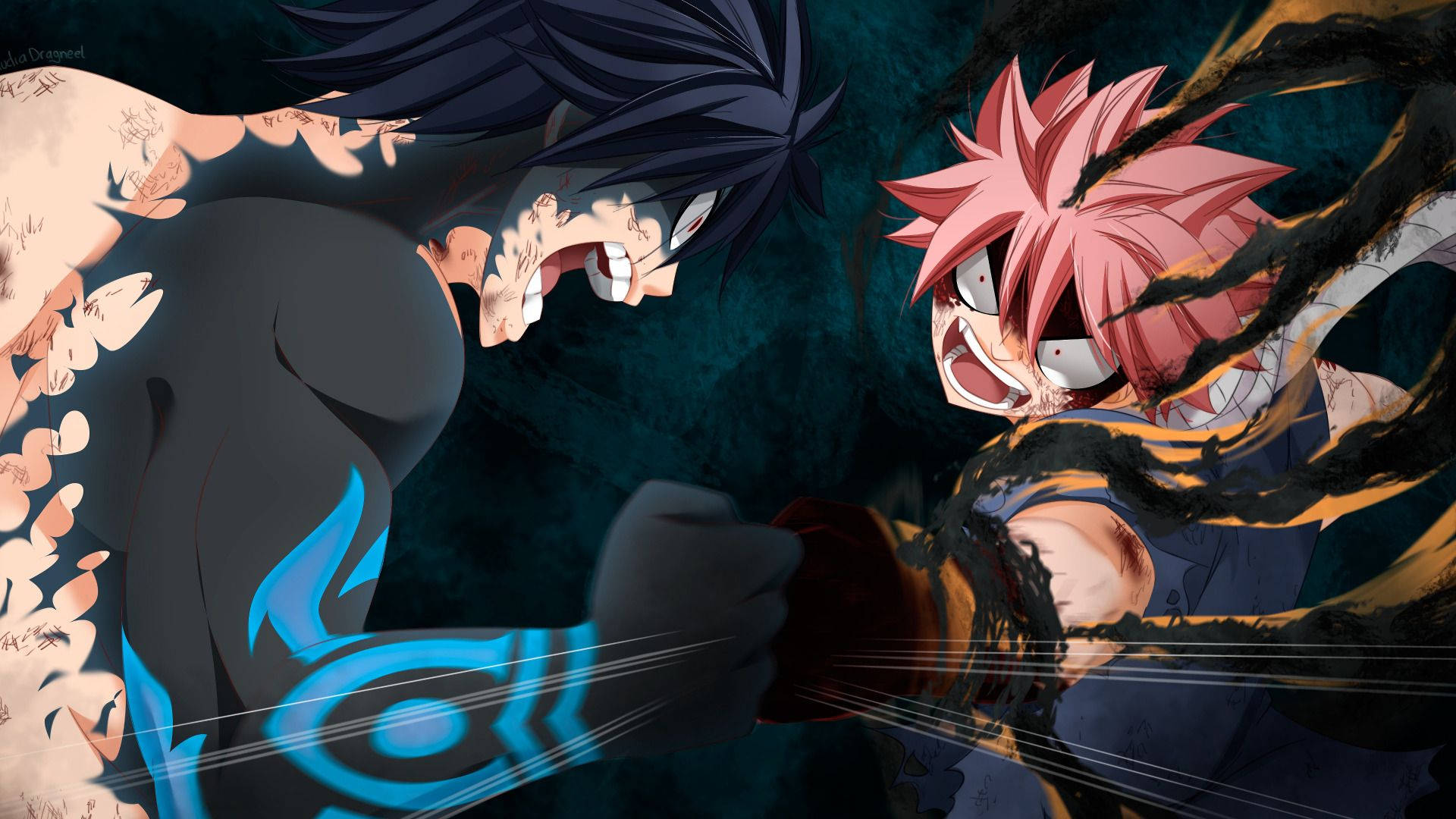 Demon Slayer-bakgrunnsbilde av Natsu Dragneel som kjemper mot Gray Fullbuster fra Fairy Tail.