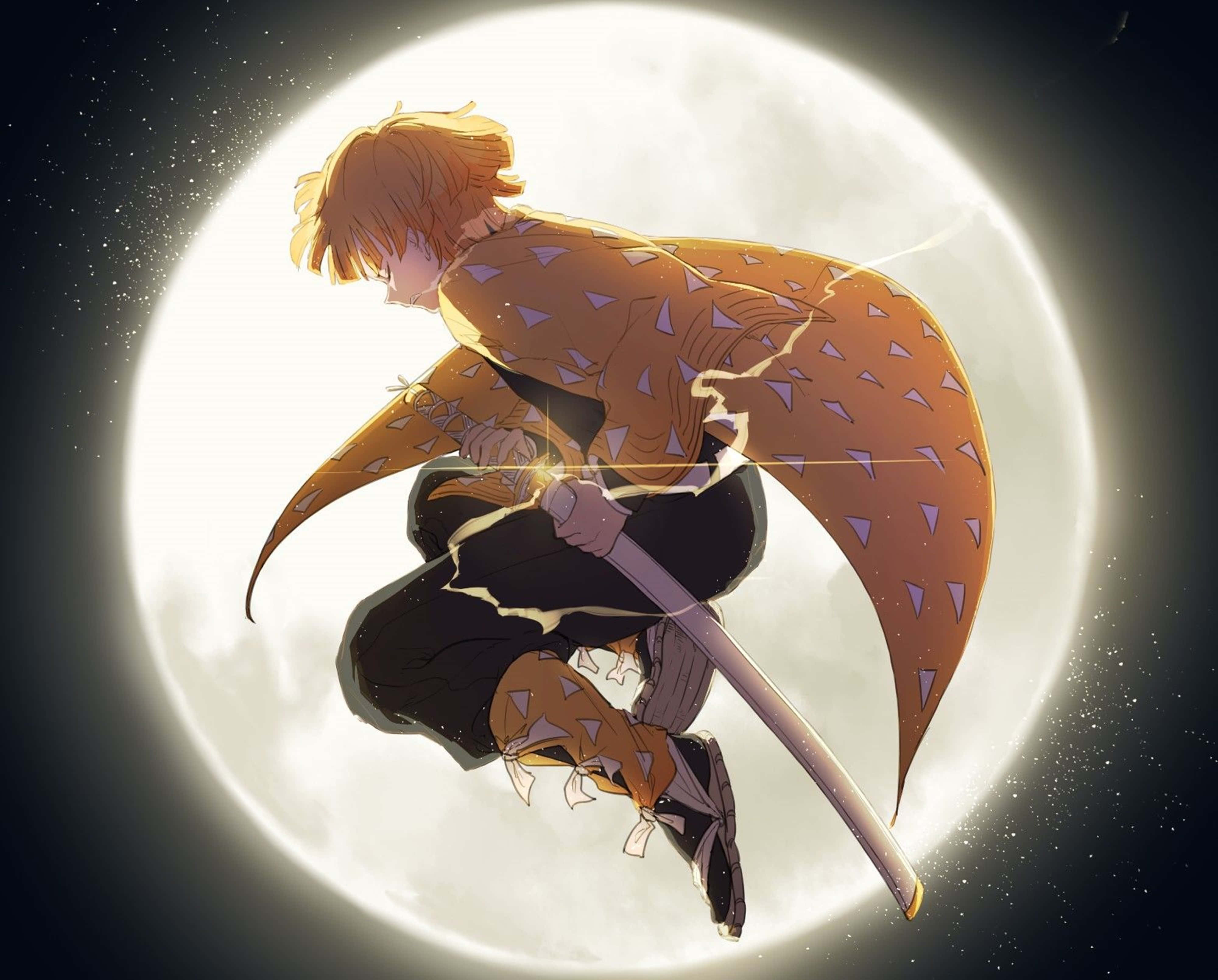 Demon Slayer Zenitsu sentrert i månen 4K Bakgrunner