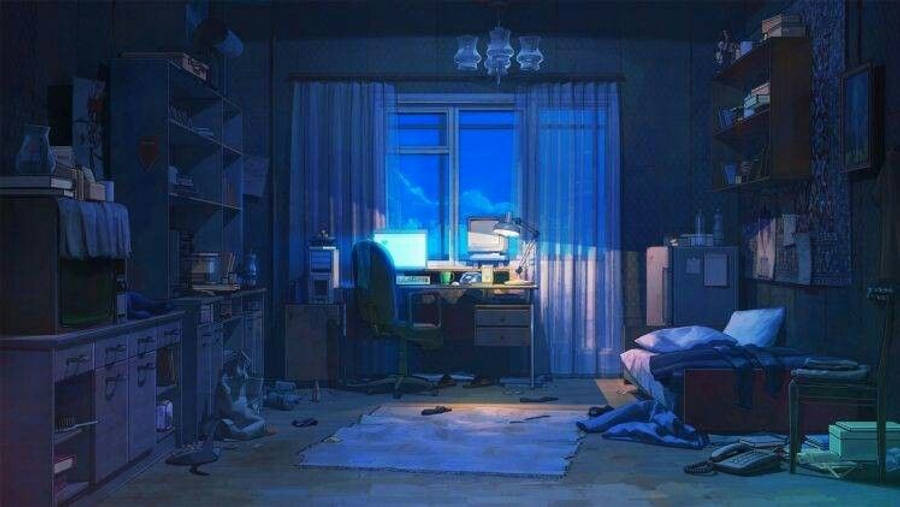 Dempet anime-rom med bærbar PC på Bakgrunner