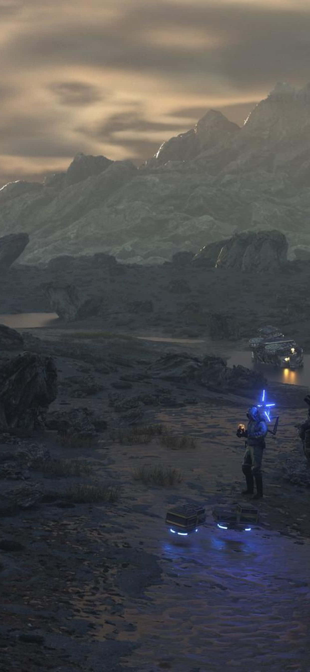 Den beryktede scenen fra det høyt anerkjente videospillet: Death Stranding for iPhone XS Max. Bakgrunner