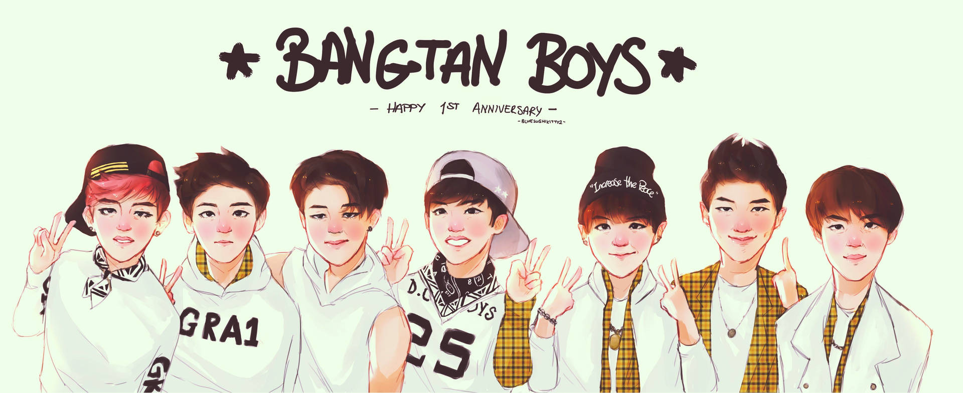 BTS Bangtan-guttene tegneseriefanart i søt bakgrunn.