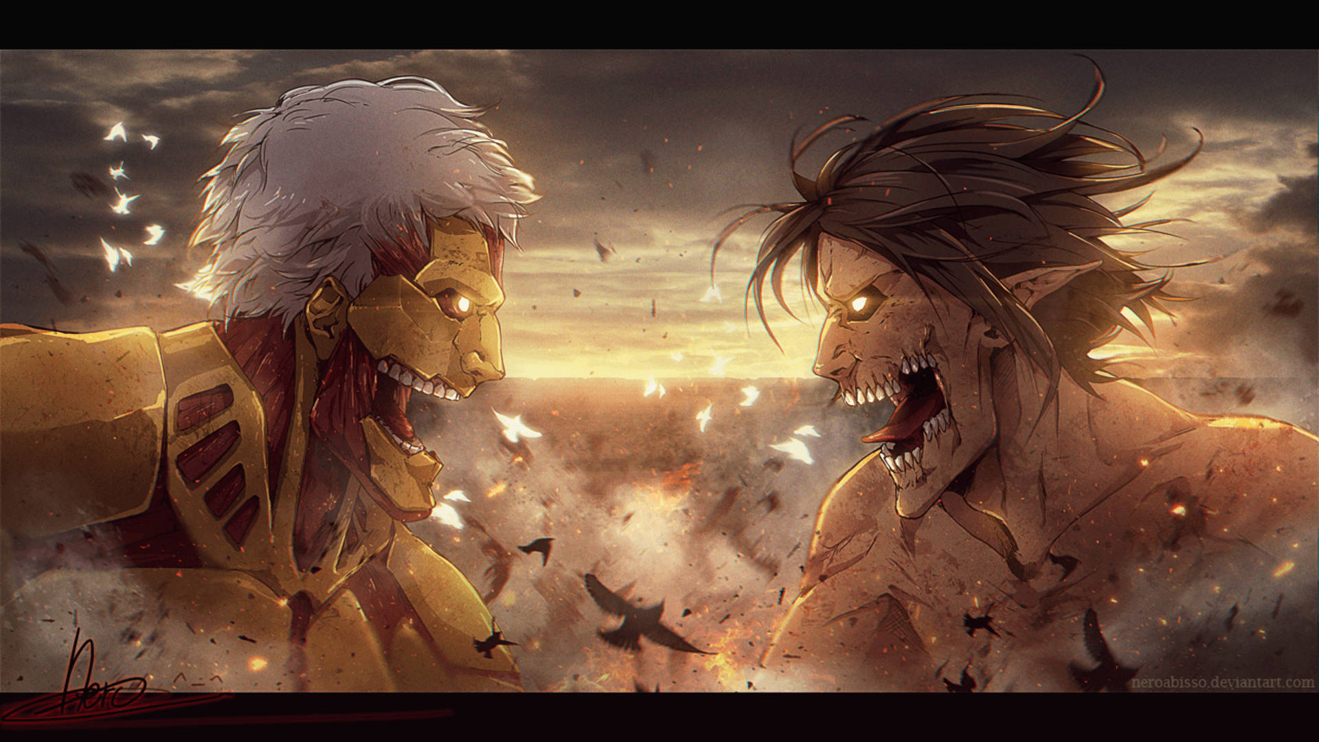 Pansret Titan som møter Angrepstitanen i slaget om Shiganshina i Attack on Titan-bakgrunn.