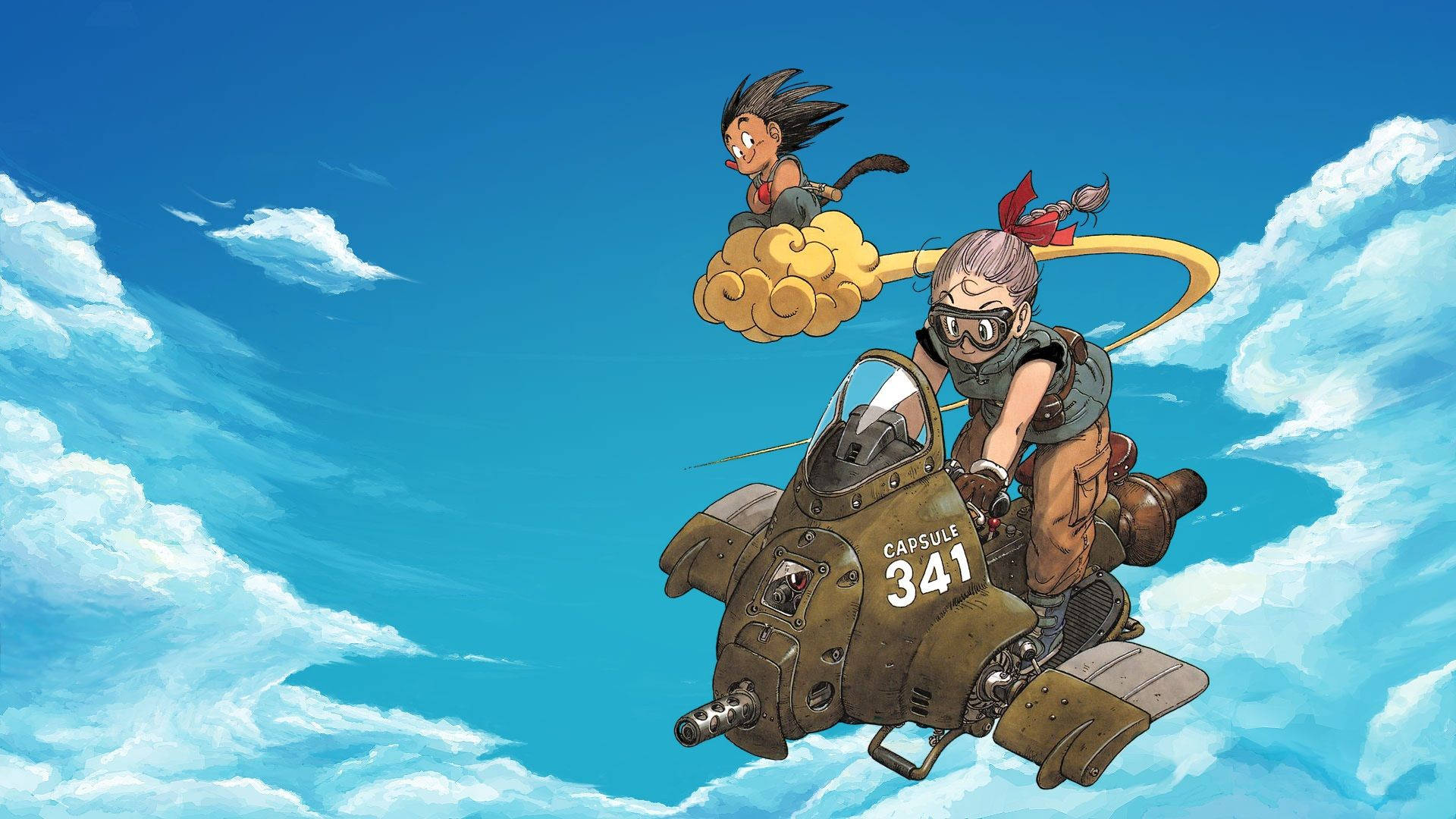 Dragon Ball Z Goten og Pan som kjører et flygende kjøretøy mens Goten rir på en flygende sky.