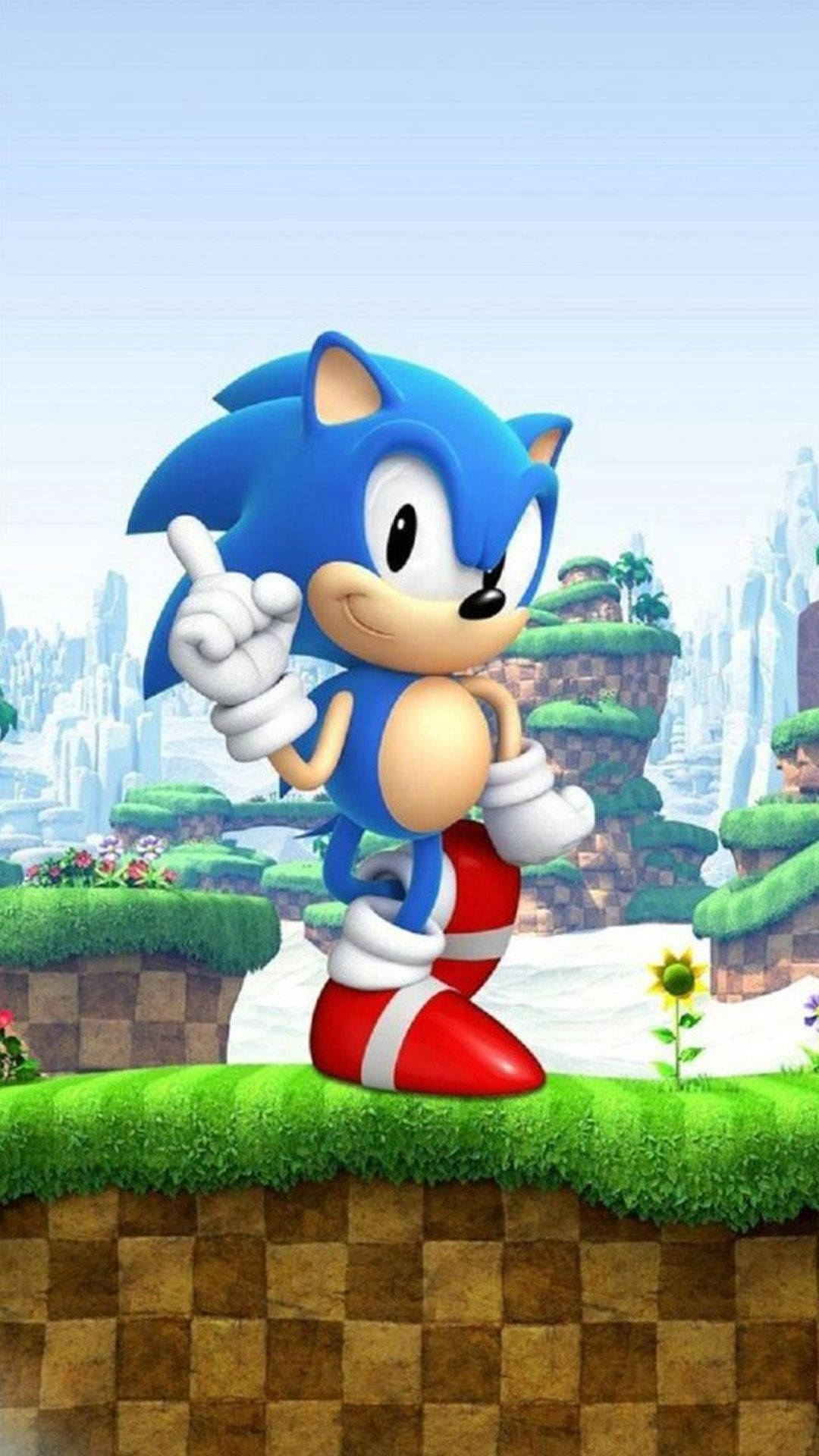 Bakgrunnsbilde av den eventyrlystne Sonic på grønne terrasser.