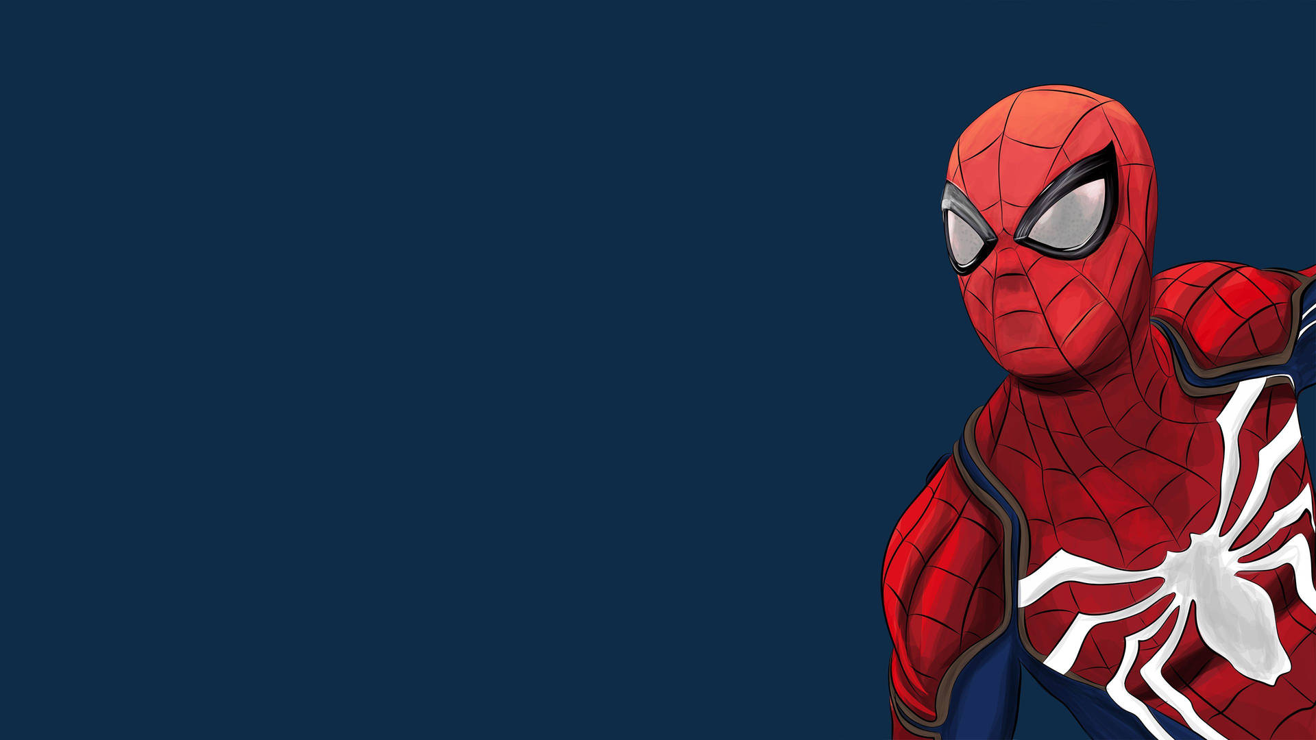Spider-Man med sin røde drakt som viser seg i hjørnet på en mørkeblå bakgrunn