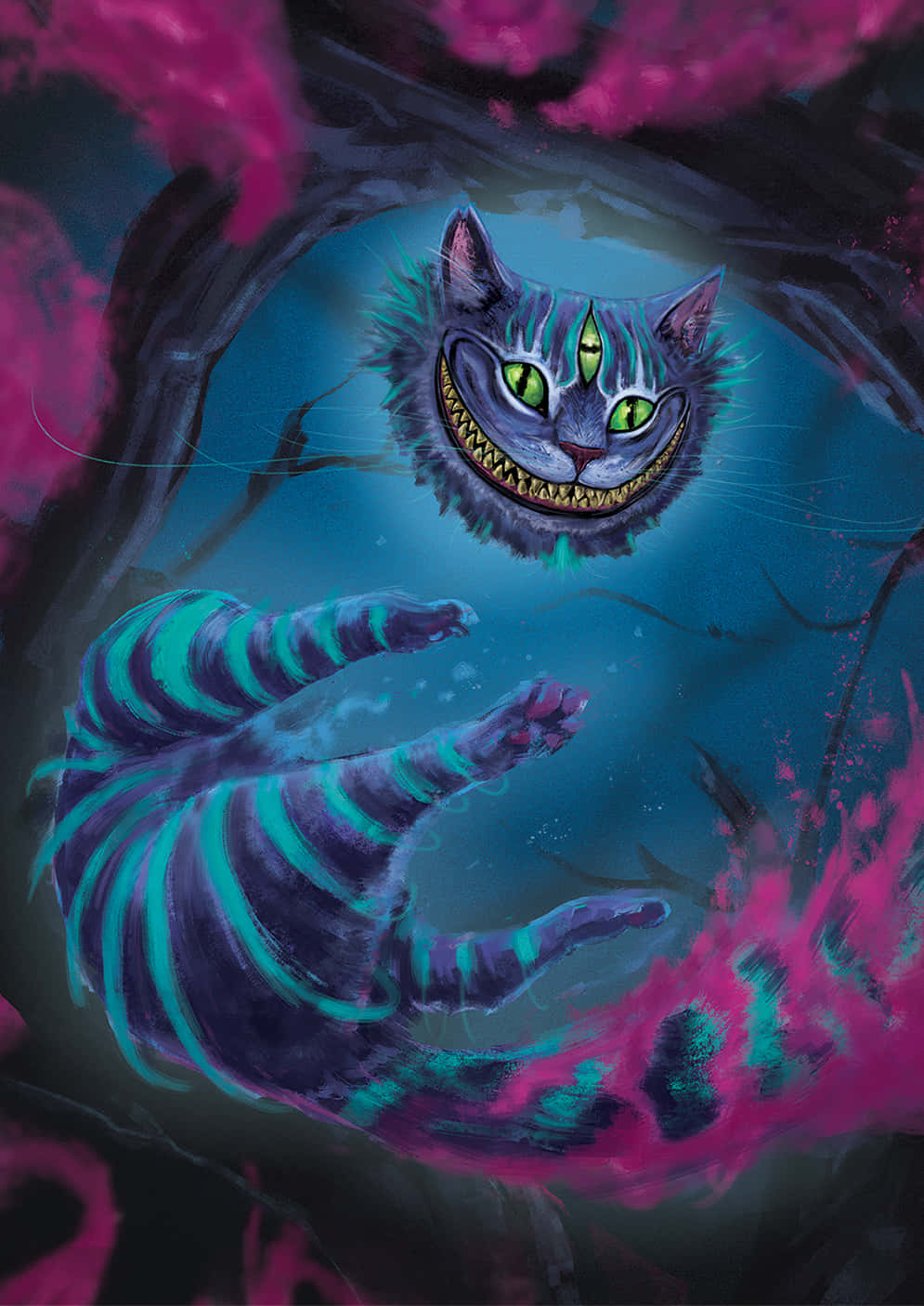Den ikoniske Cheshire-katten med sitt luskende glis, en klassisk karakter fra Alice i Eventyrland-historiene. Bakgrunner